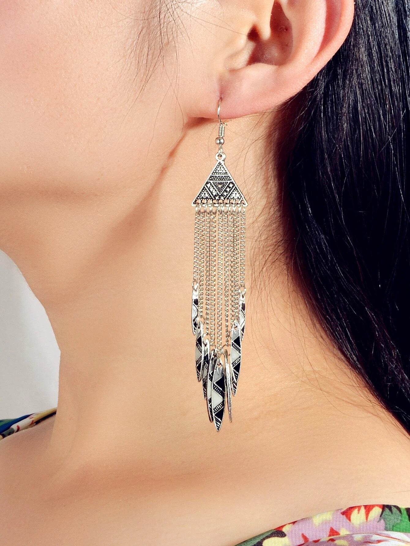 Tribal Ethnic Antique Silver Chain Tassel Geometric Charm Bohemian Earrings Gift