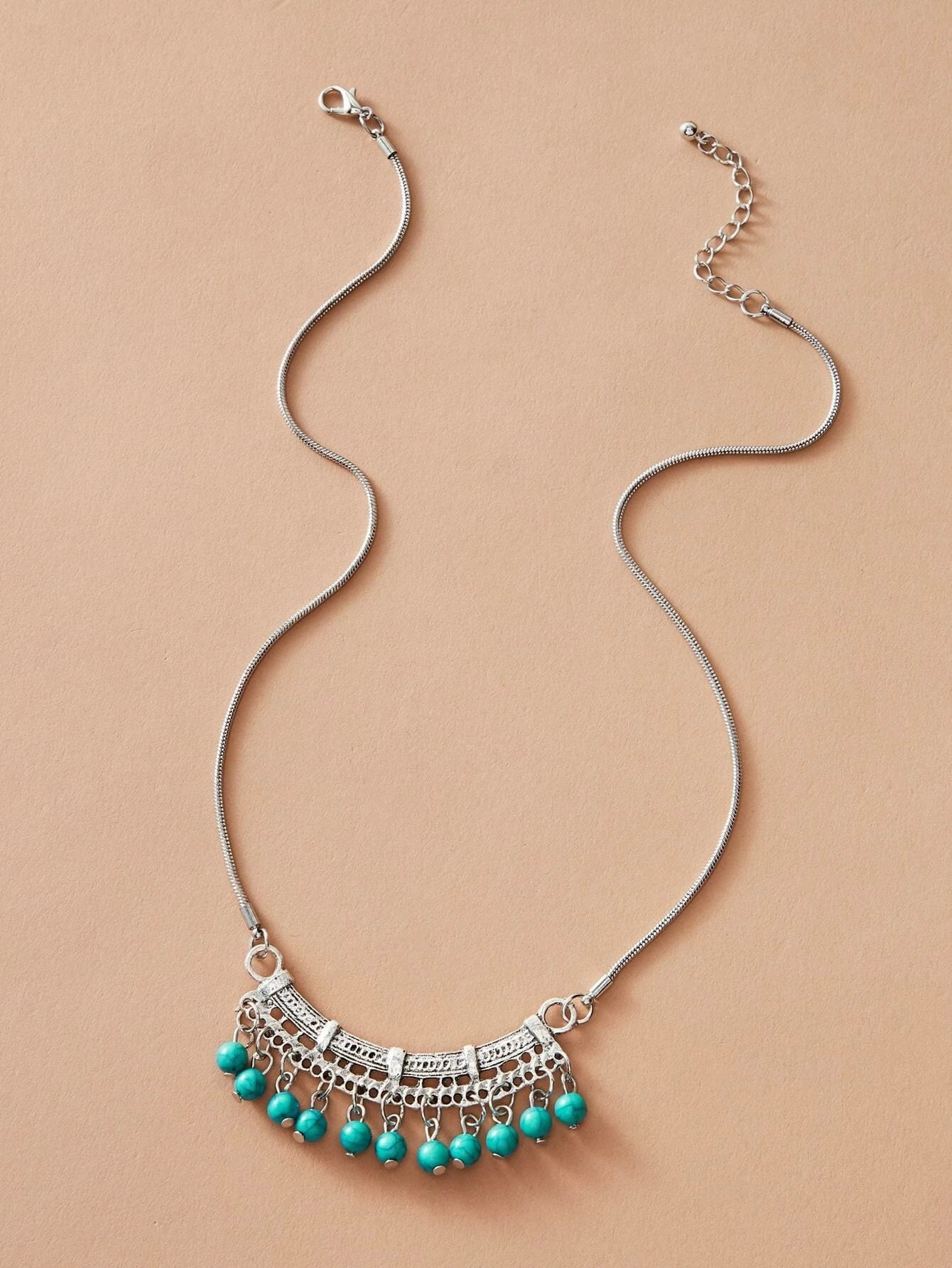 Tribal Ethnic Antique Silver Chain Turquoise Bead Bib Necklace Boho Blue Jewelry