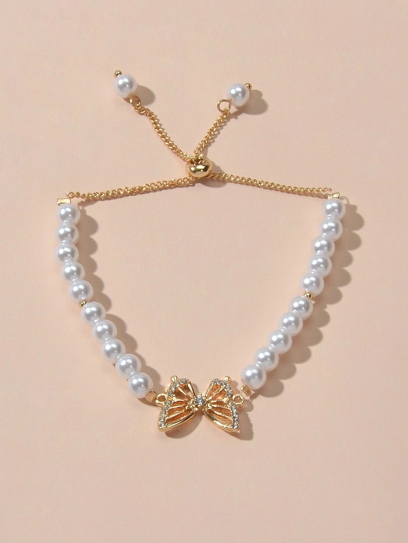 Fashion Jewellery Rhinestone Butterfly Charm Pearl Sliding Adjustable Bracelet