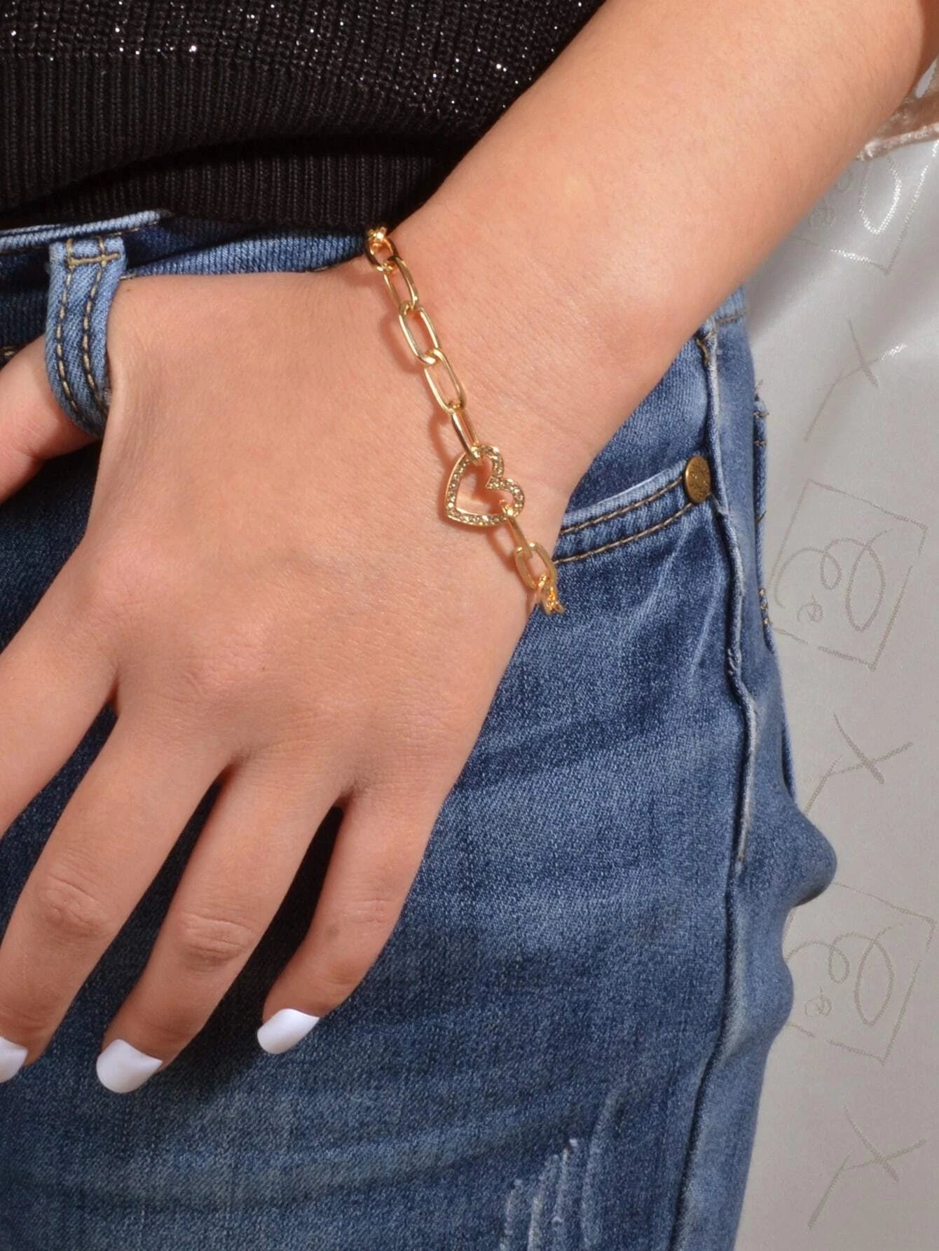 AU Local Rhinestone Love Heart Charm Chunky Gold Chain Bracelet Girl Accessories