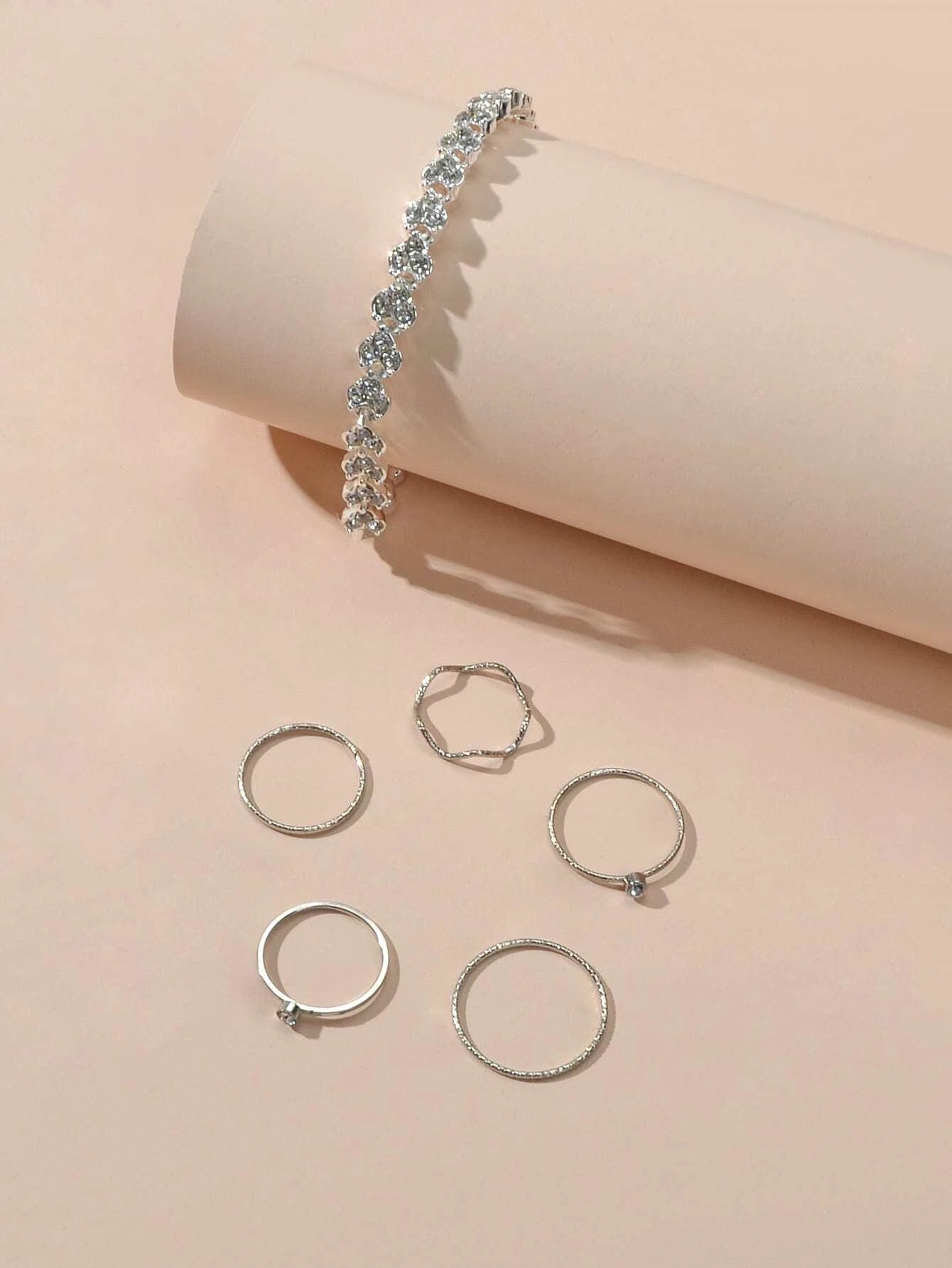 1pc Rhinestone Tennis Bracelet 5pcs Silver Midi Finger Knuckle Rings Set Jewelry