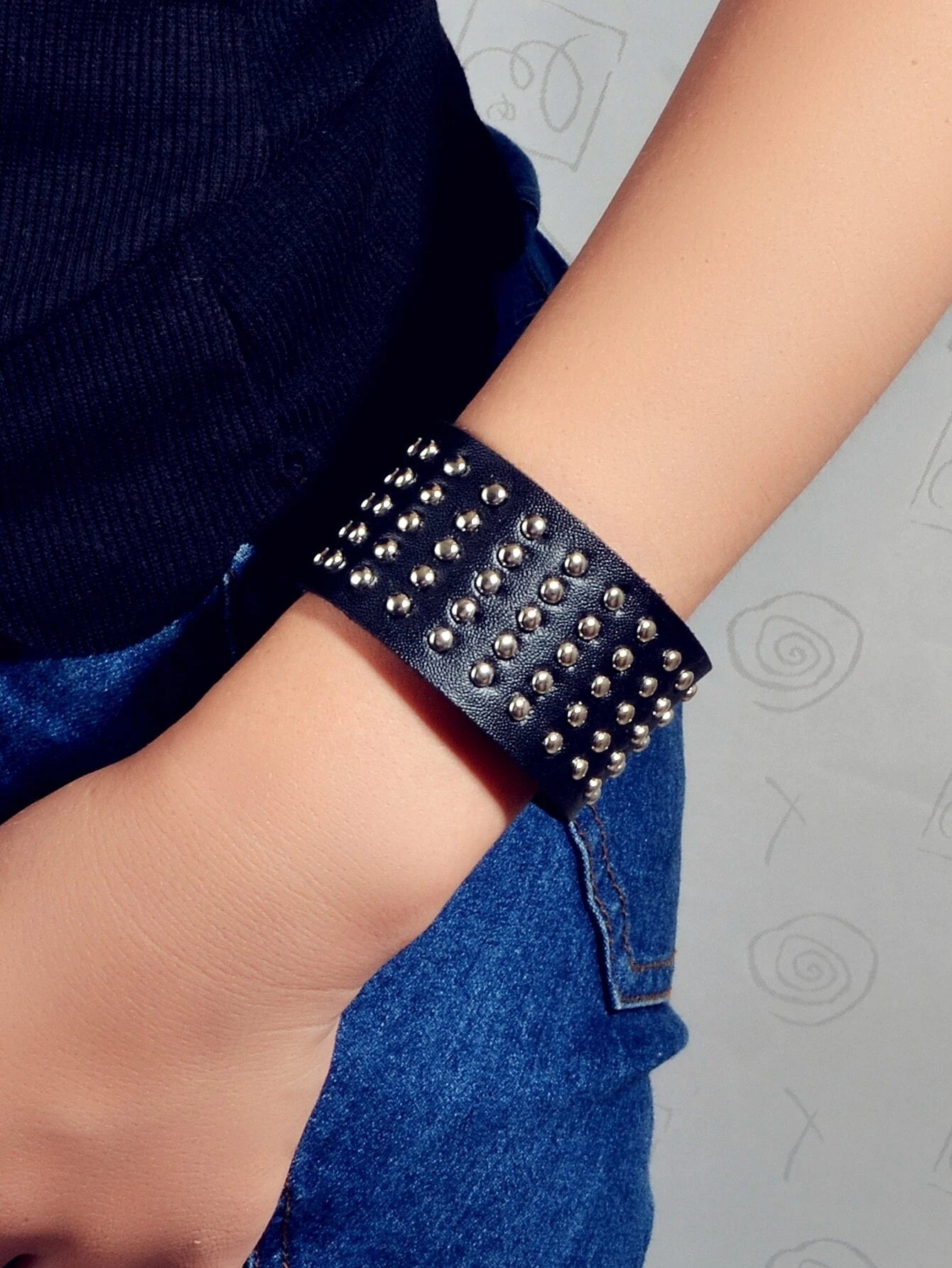 Punk Rock Silver Spike Leather Wide Wrap Bracelet Women Teens Hiphop Jewellery