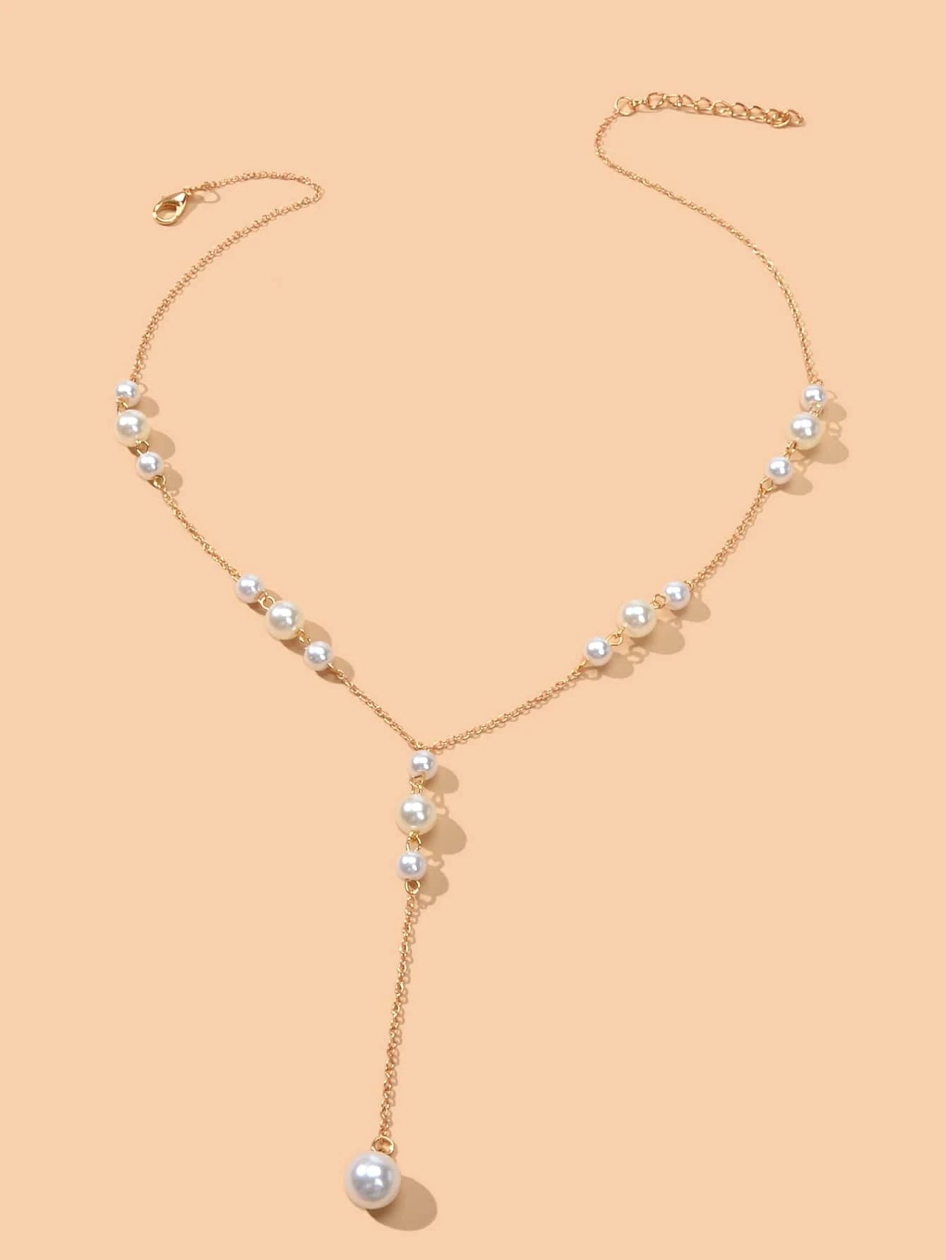 Pearl Decoration Long Gold Chain Y Shape Pendant Clavicle Necklace Teens Collar