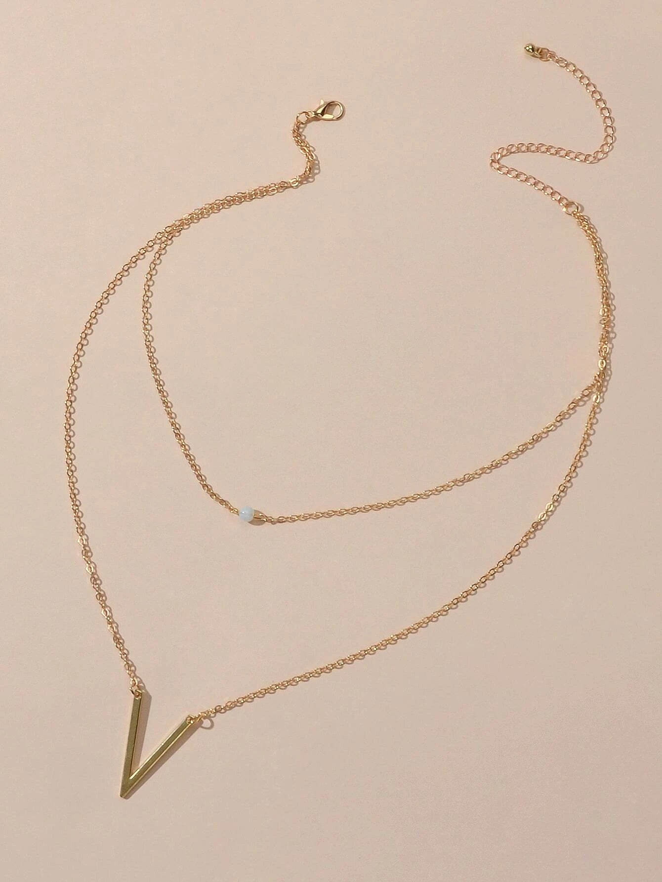 Double layer Gold Chain Letter V Shape Geometric Pendant Necklace Jewellery Gift