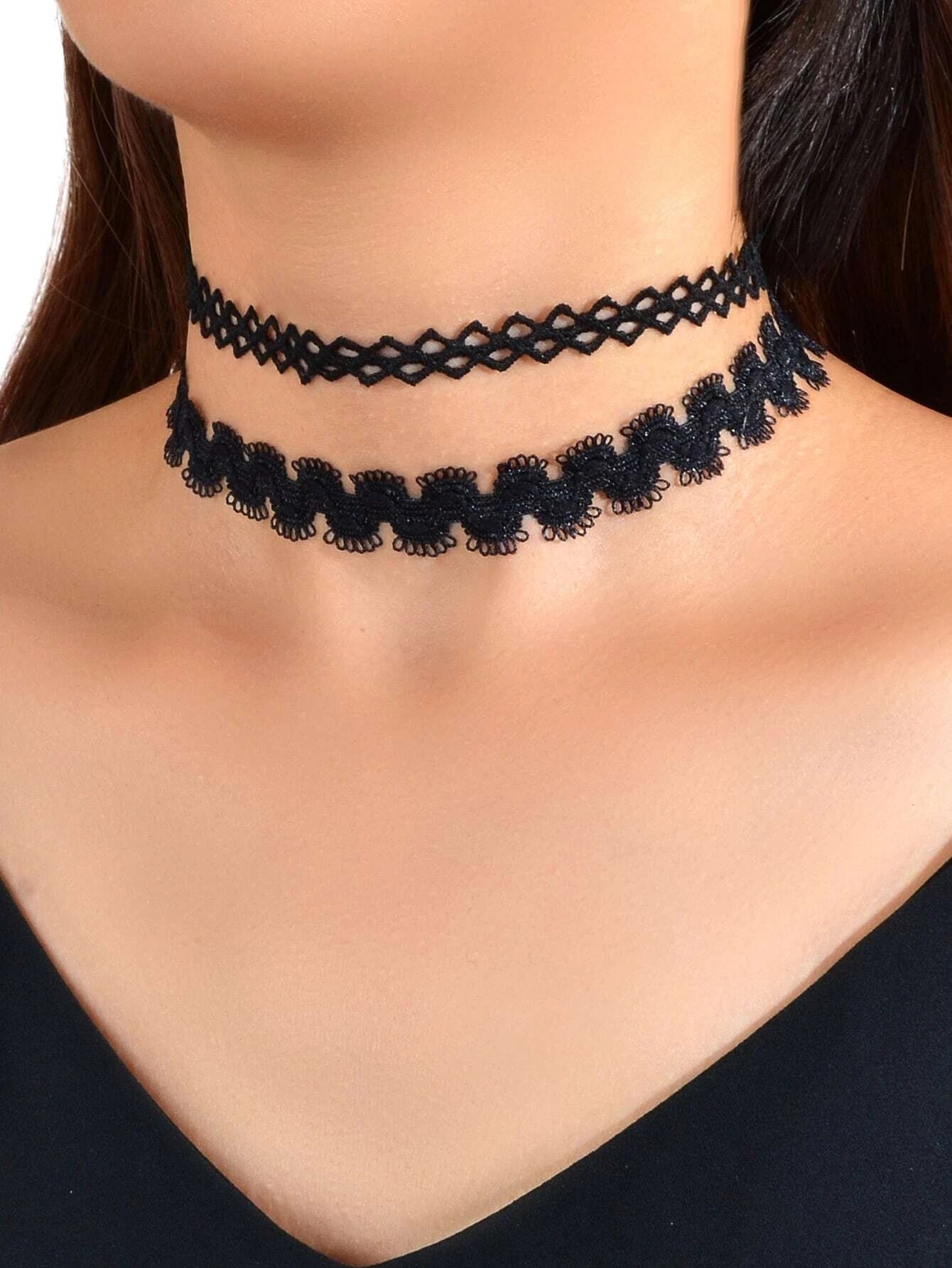 6 pcs Black Lace Hollow out Flower Geometric Gothic 90s Tattoo Choker Necklace