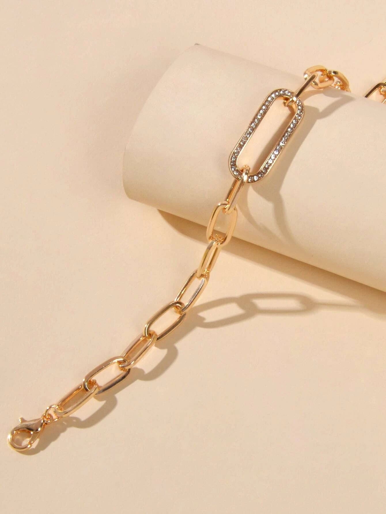Rhinestone Decor Geometric Gold Chunky Solid Chain Bracelet Women Teens Jewelry