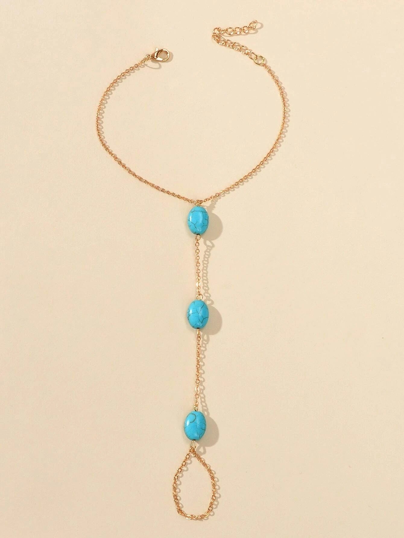 1 pc Bohemian Foot Beach Jewelry Gold Chain Turquoise Beads Anklet with Toe Ring