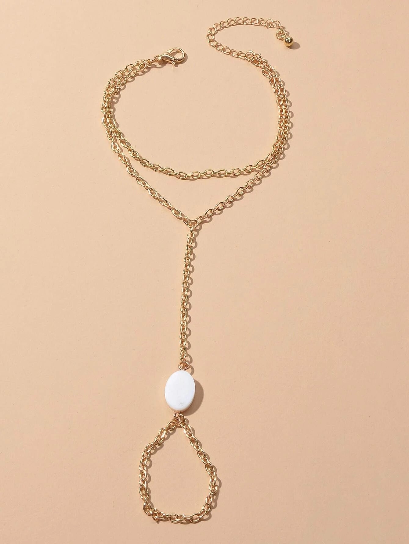 Double Layer Gold Tone Chain Shell Charm Slave Bracelet with Finger Ring Gift
