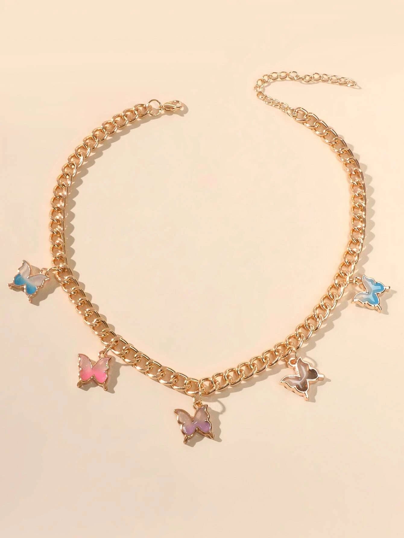 Hip Hop Colorful Enamel Bling Butterfly Charm Necklace Clavicle Chain Choker