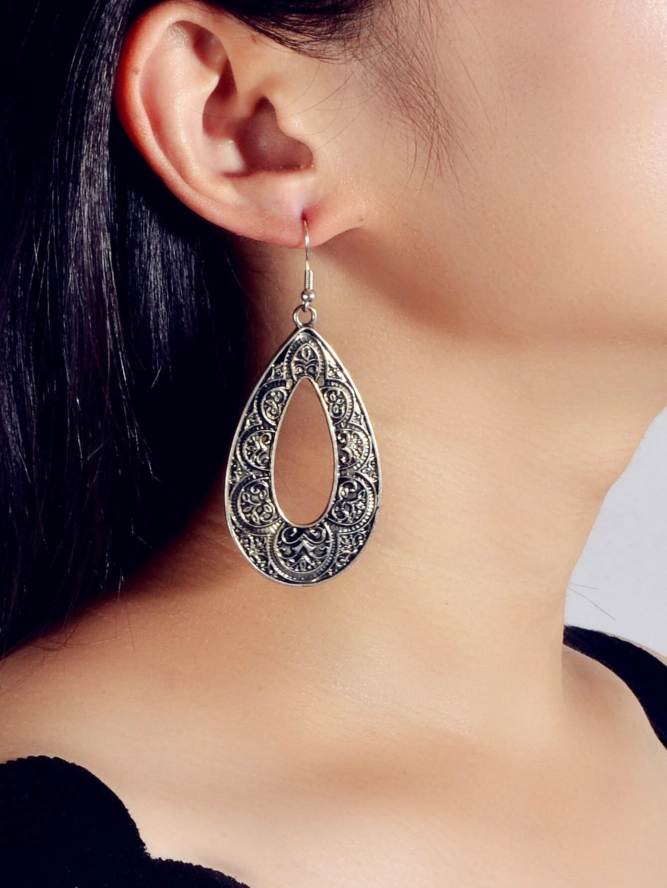 Tribal Ethnic Antique Gold Silver Carved Water Drop Big Earrings Boho Jewellery