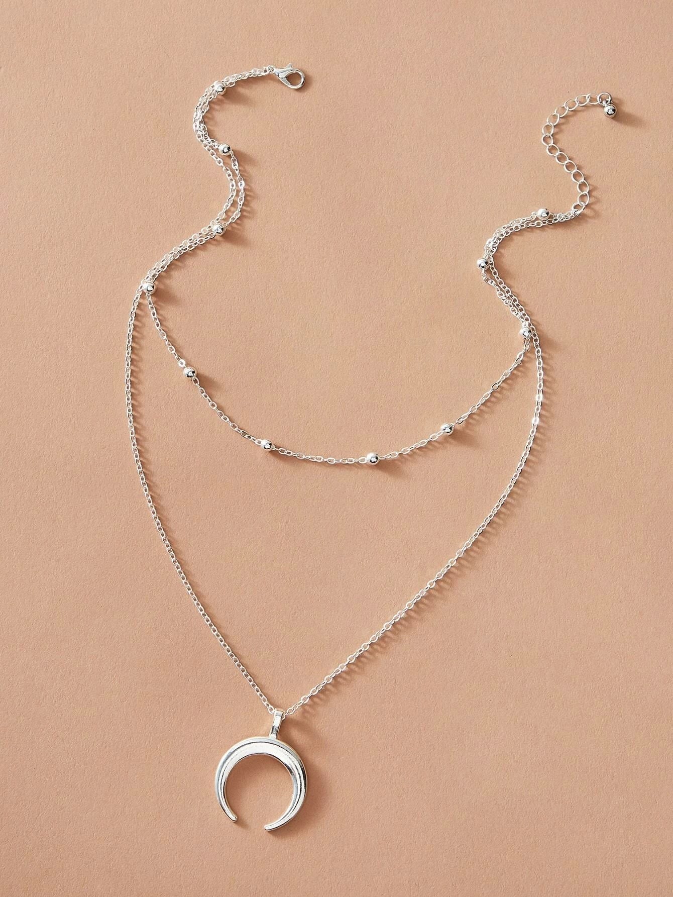 Double layer Silver Chain Moon Pendant Necklace Accessories Horn Collar Gift