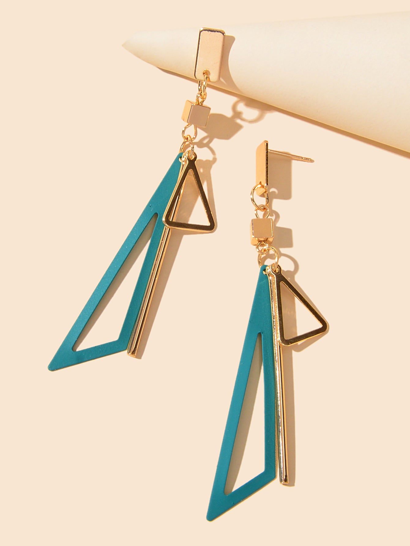 Gold Metal Geometric Triangle Dangle Stud Earring Women Textured Accessories