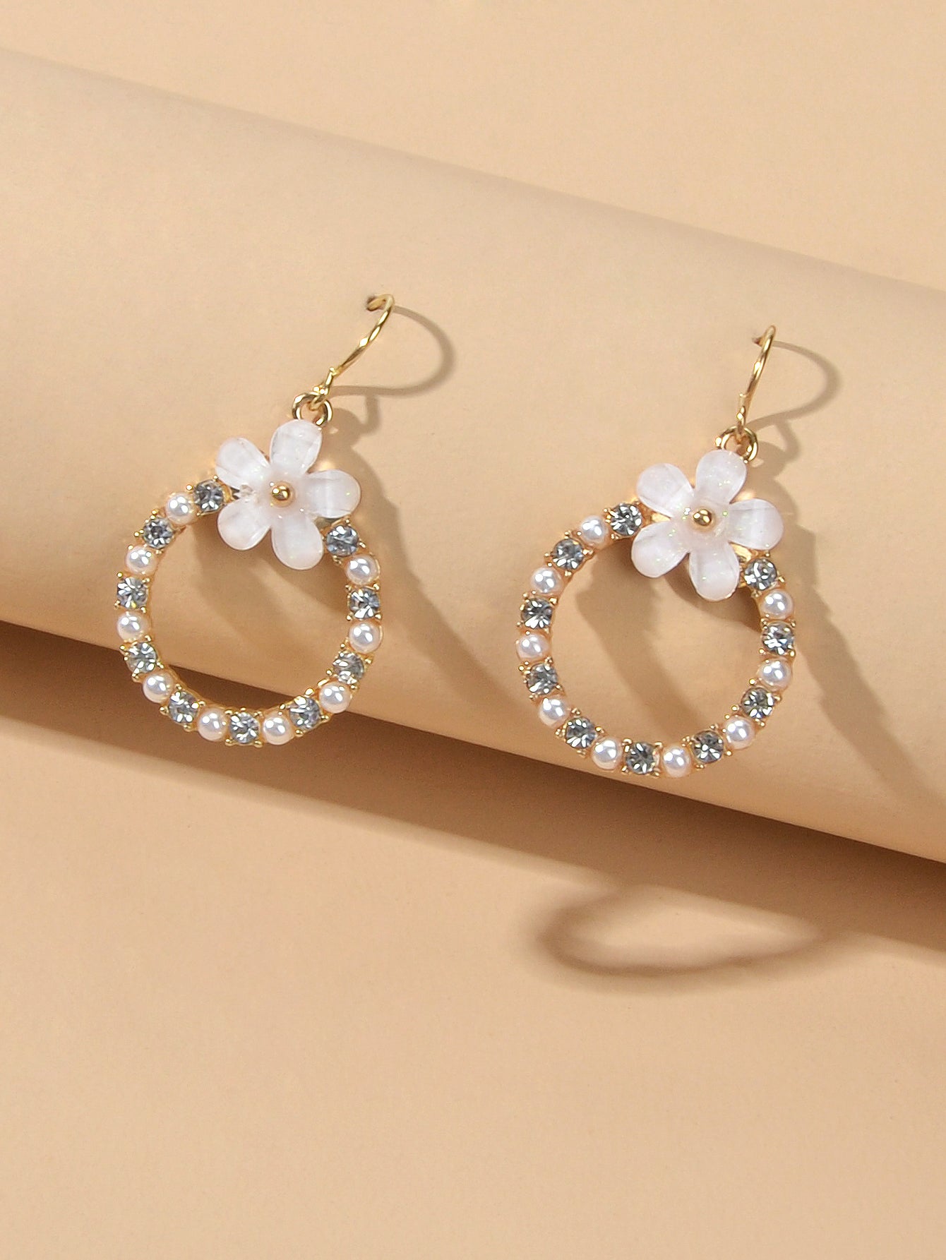 Elegant Jewellery Pearl Rhinestone Acrylic Flower Circle Dangle Hook Earrings