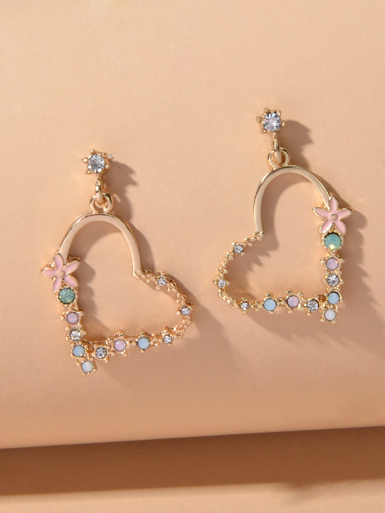 Good Quality Rhinestone Flower Gold Heart Drop Earrings Girl Fashion Accessories