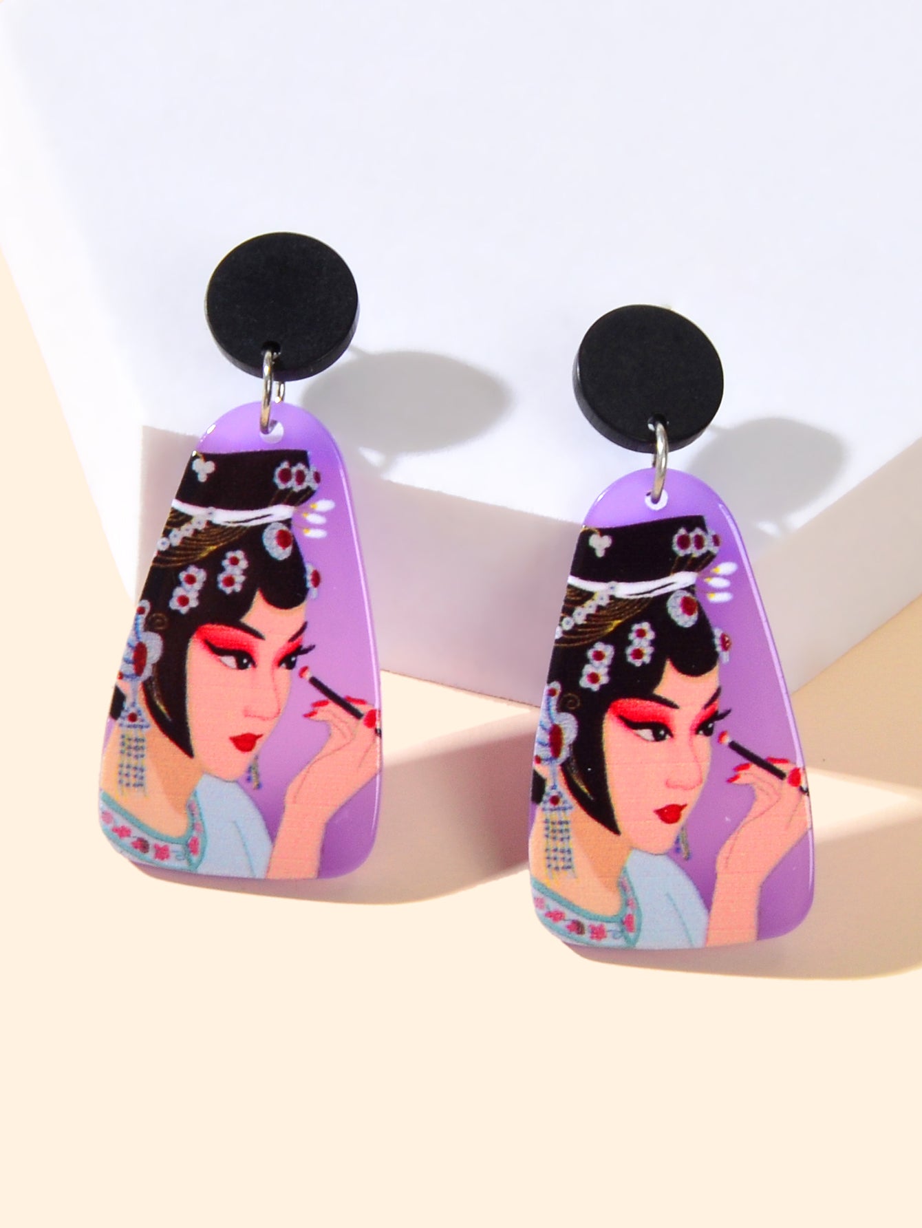 Chinese Style Jewellery Purple Peking Opera Figure Pattern Resin Dangle Earrings