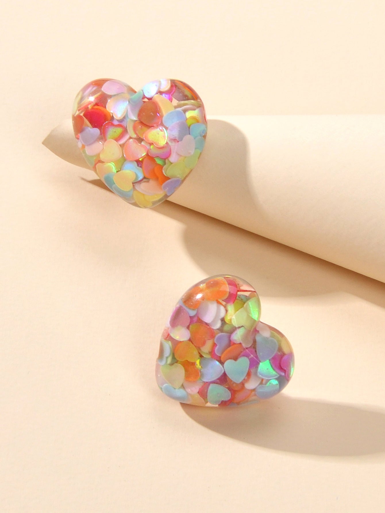 Love Heart Handmade Sparkle Glitter Stud Sequins Pierced Earrings Resin Jewelry