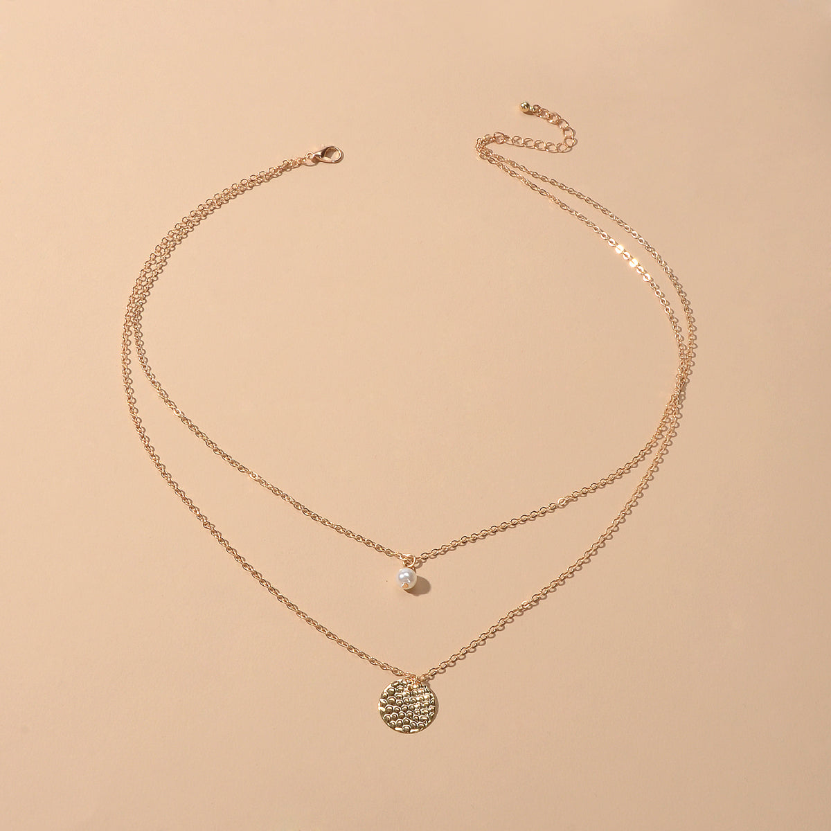 Female Layered Gold Chain Pearl Round Disc Pendant Necklace Party Accessories