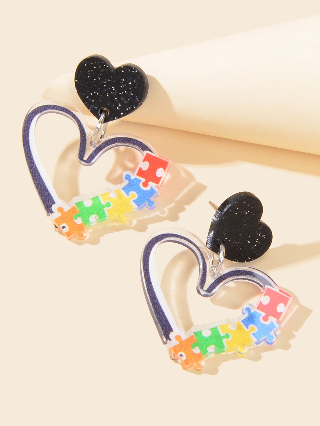 Cute Funny Female Jewellery Colourful Puzzle Acrylic Black Heart Dangle Earrings