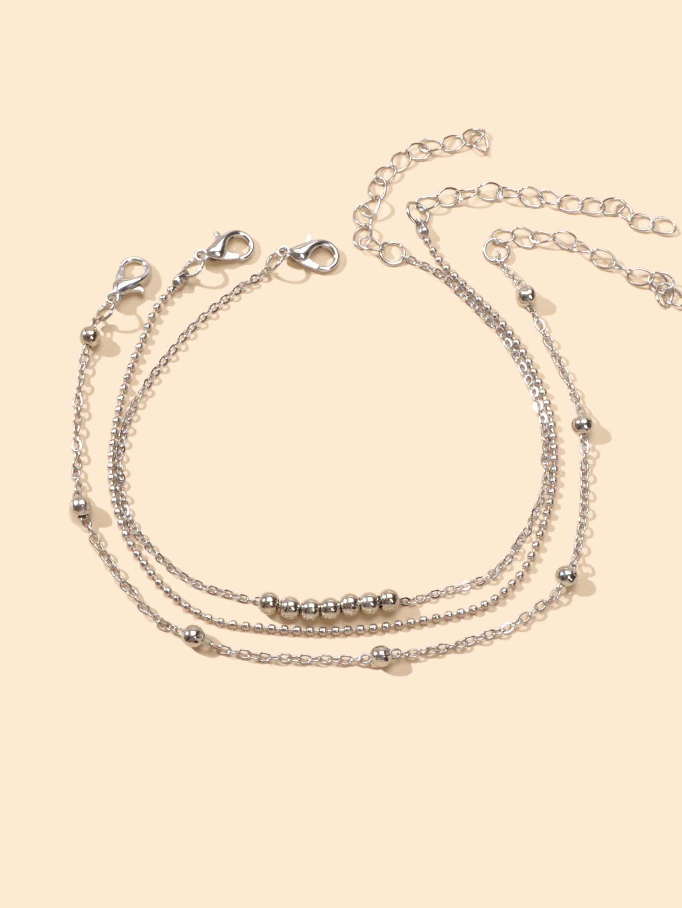 Barefoot Sandals Anklet Bracelet 3pcs Silver Chain Beads Adjustable Foot Jewelry