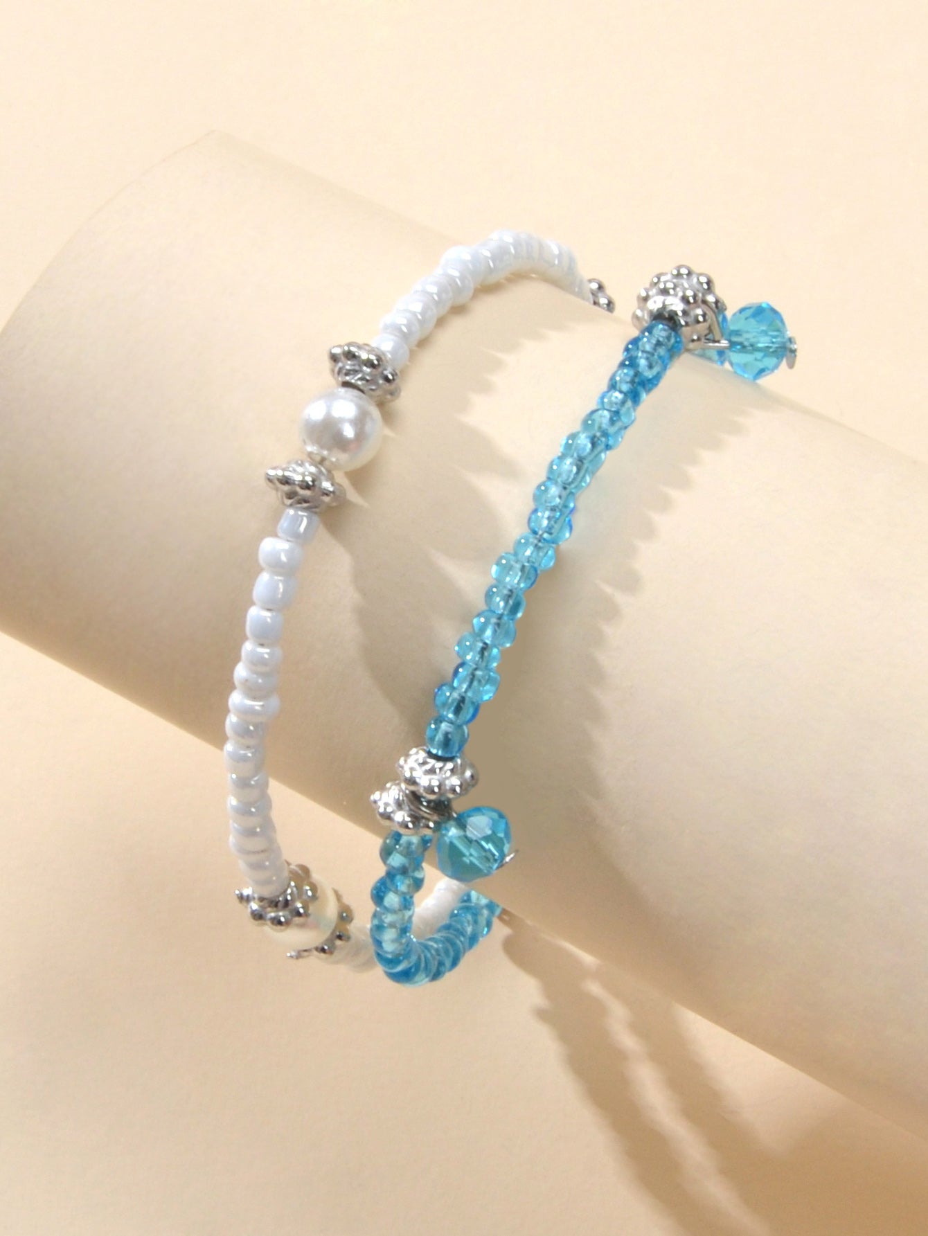 Fashion Jewellery Handmade Double layer Blue White Seed Beads Strand Bracelet