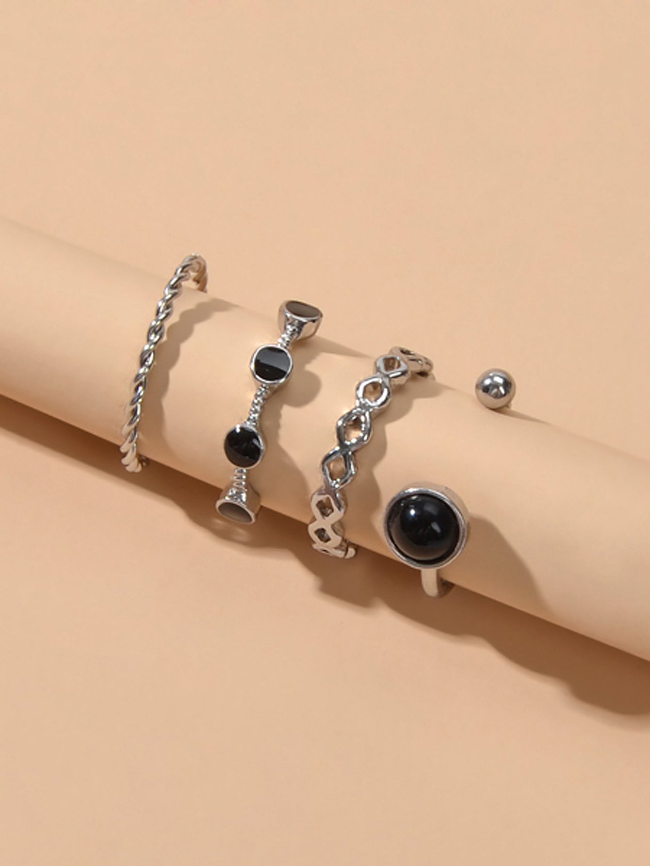 4 pcs Black Enamel Beads Silver Midi Finger Knuckle Multiple Rings set Bulk Pack