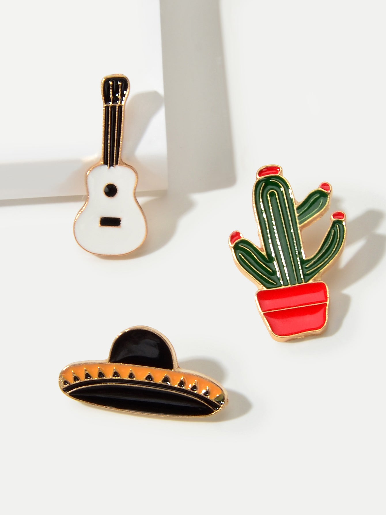 3 pcs Enamel Pin Set Lovely Guitar Cap Cactus Brooch Pins Decorative Lapel Badge