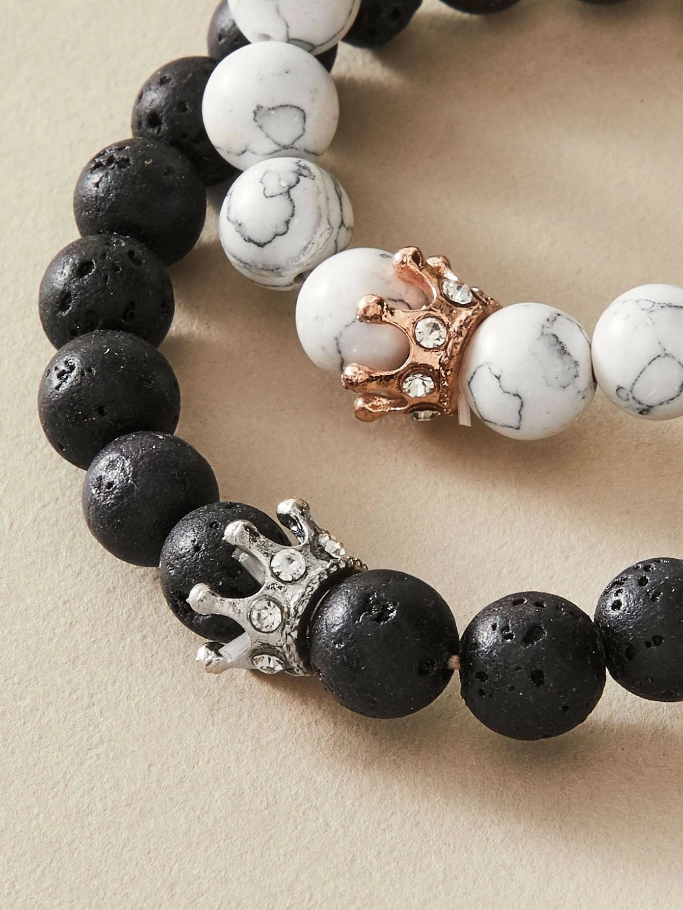 2pcs Crown Marble Lava Stone Beads Boho Ethnic Bracelet set Chunky Jewelry Gift