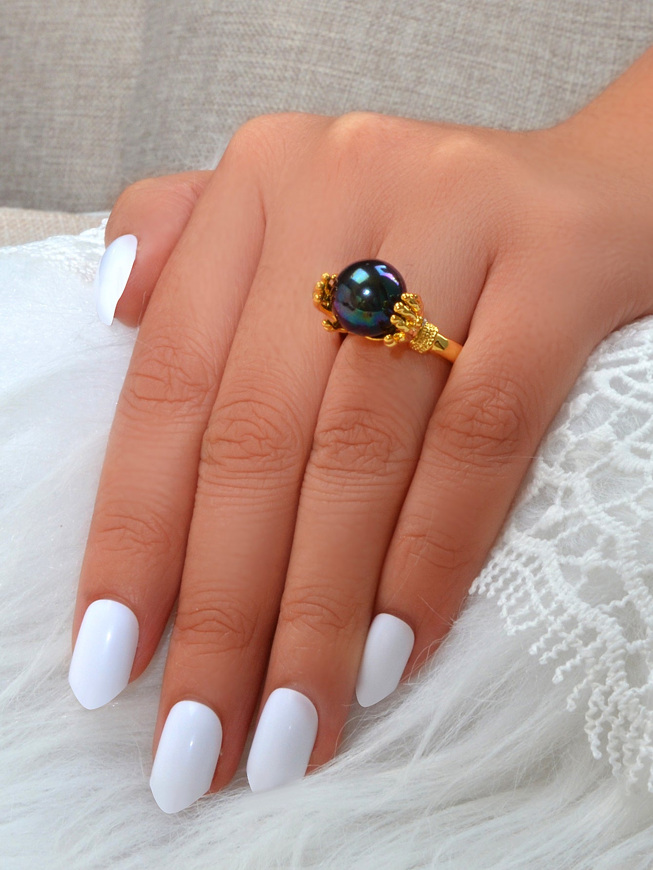 Anniversary Wedding Unique Blue Beads Gold Hand Dome Ring Retro Women Teens Band