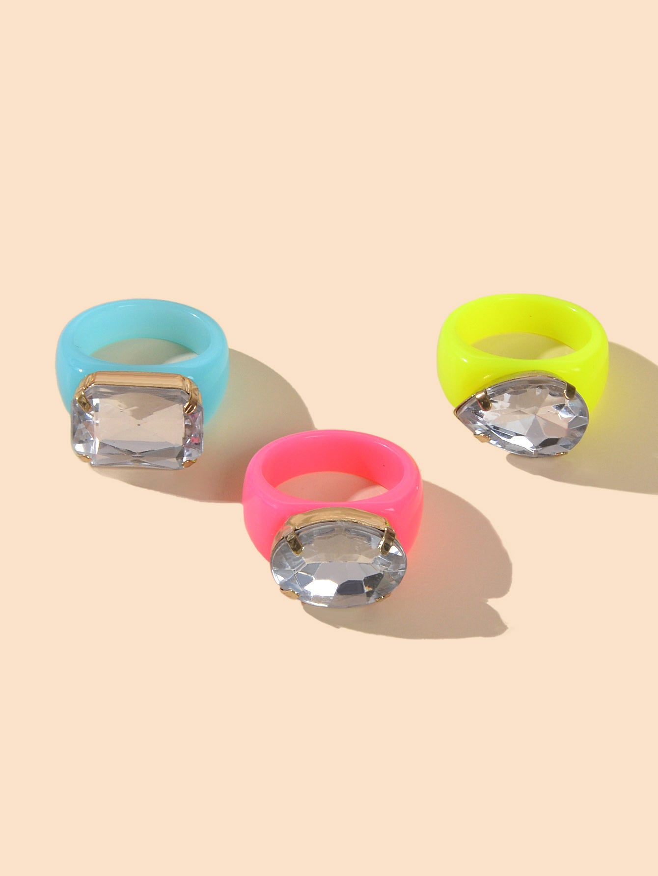 3 pcs Party Rhinestone Decor Candy Color Resin Chunky Stackable Multiple Rings