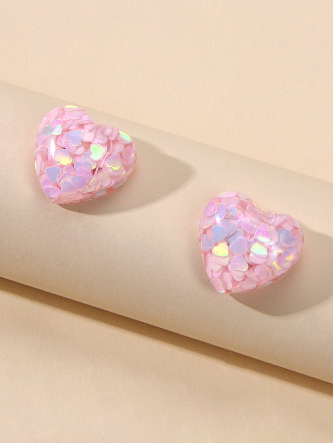 Love Heart Handmade Sparkle Glitter Stud Sequins Pierced Earrings Resin Jewelry