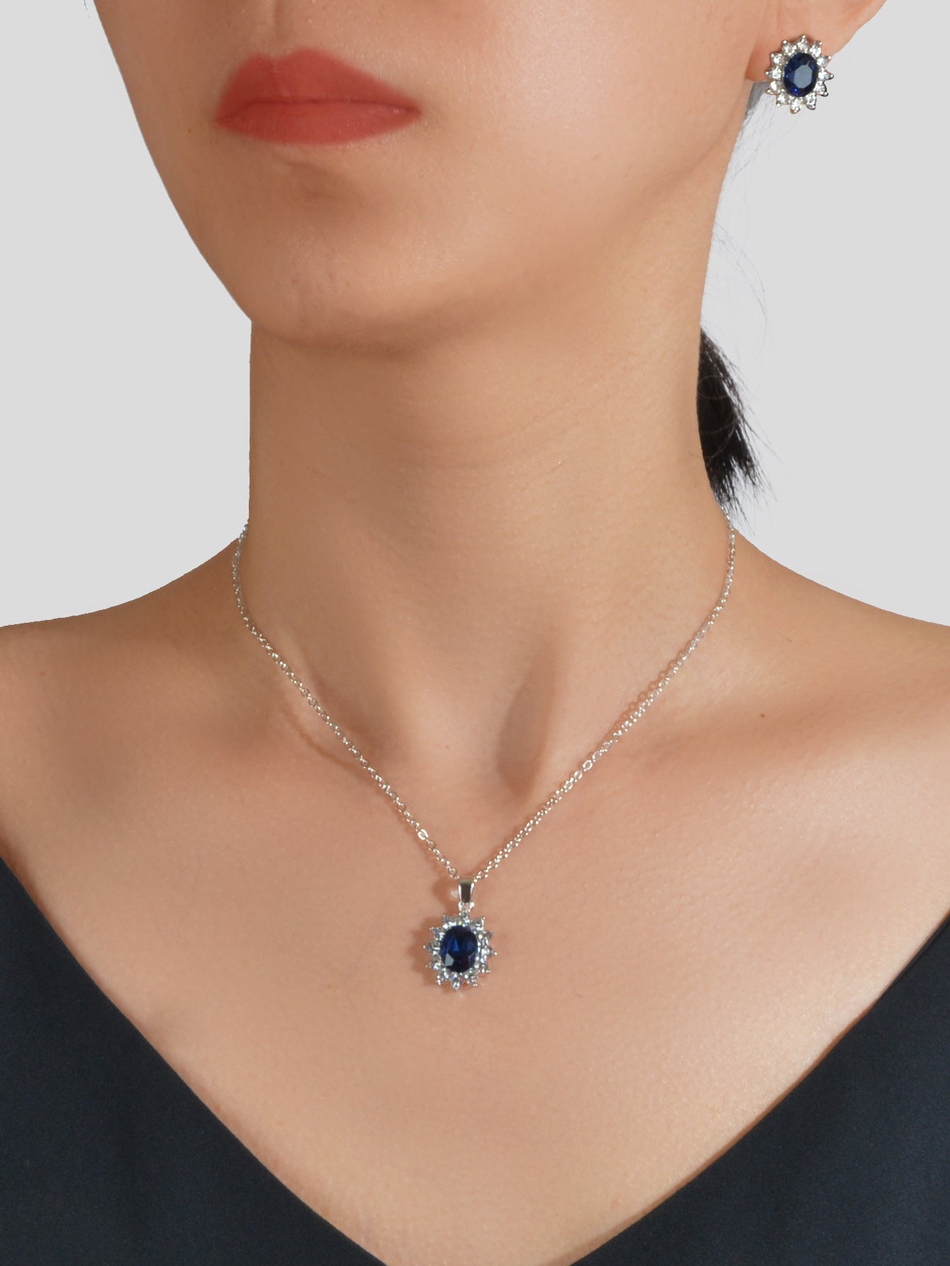 Anniversary Wedding Jewelry Blue Simulated Gemstone Charm Necklace Stud Earrings