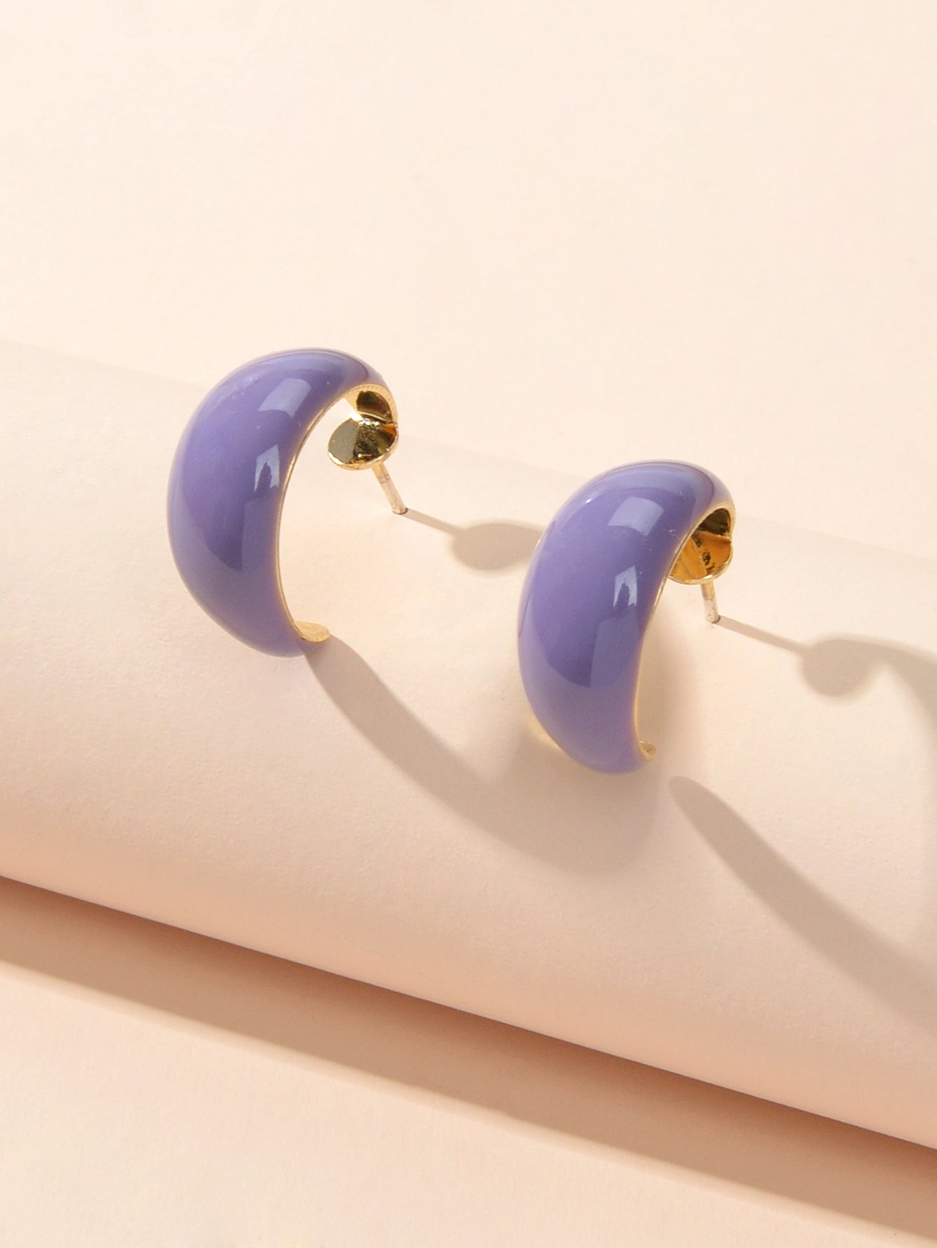 Female Retro Purple Enamel Cute Half Hypoallergenic Hoop Huggie Stud Earrings