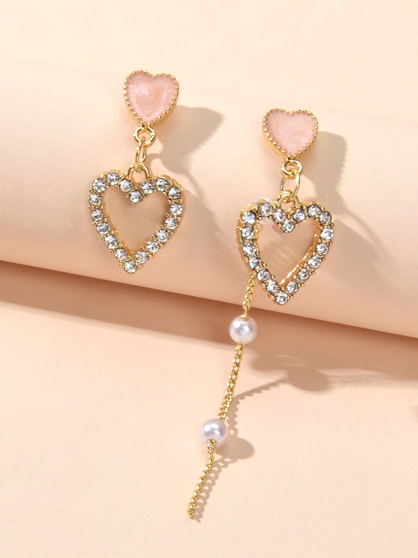 Perfect Engagement Gift Pearl Rhinestone Pink Love Heart Asymmetric Drop Earring