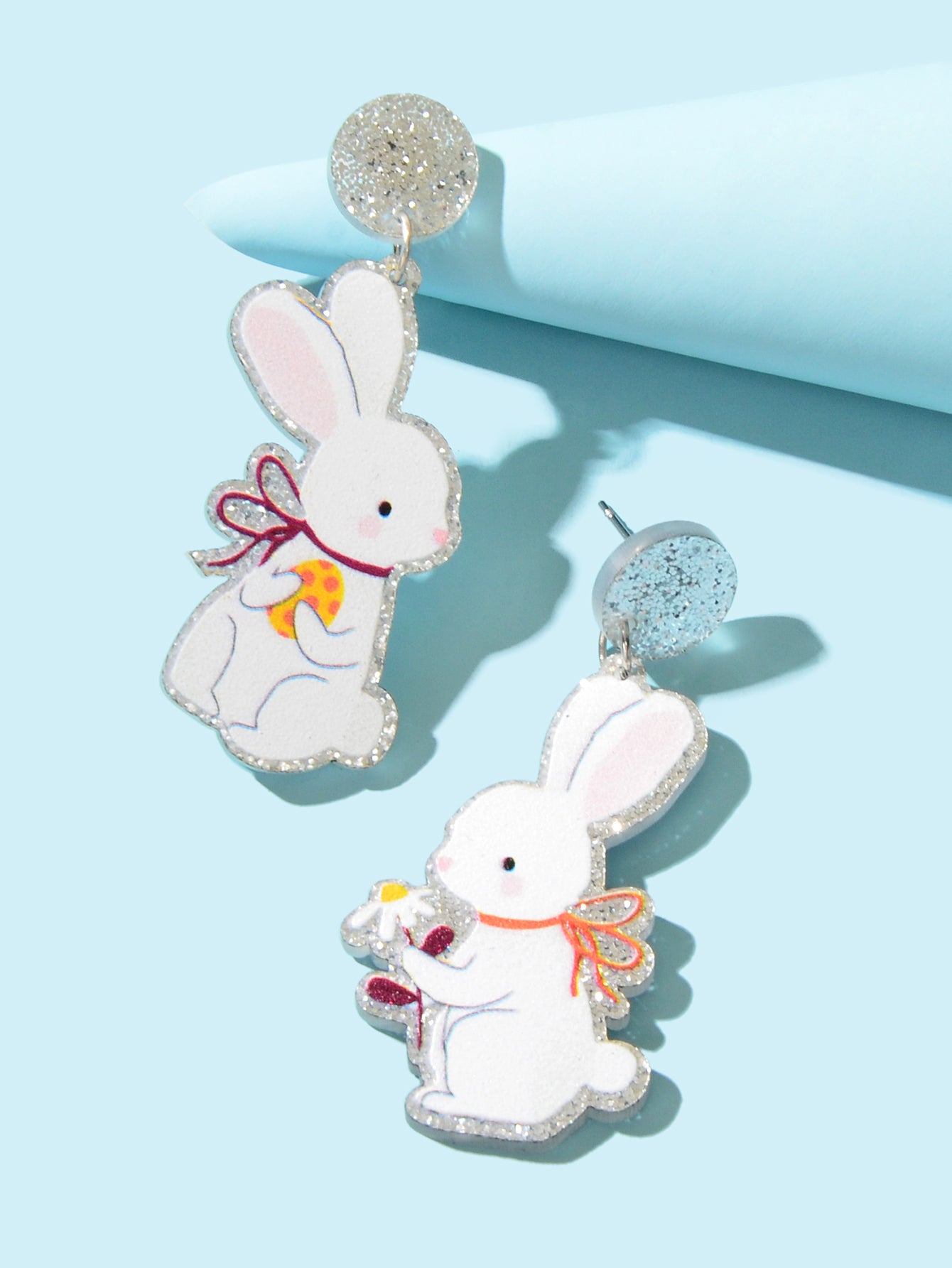 Glitter Bunny Earrings Cute Rabbit Stud Easter Egg Flower Holiday Gift Jewellery