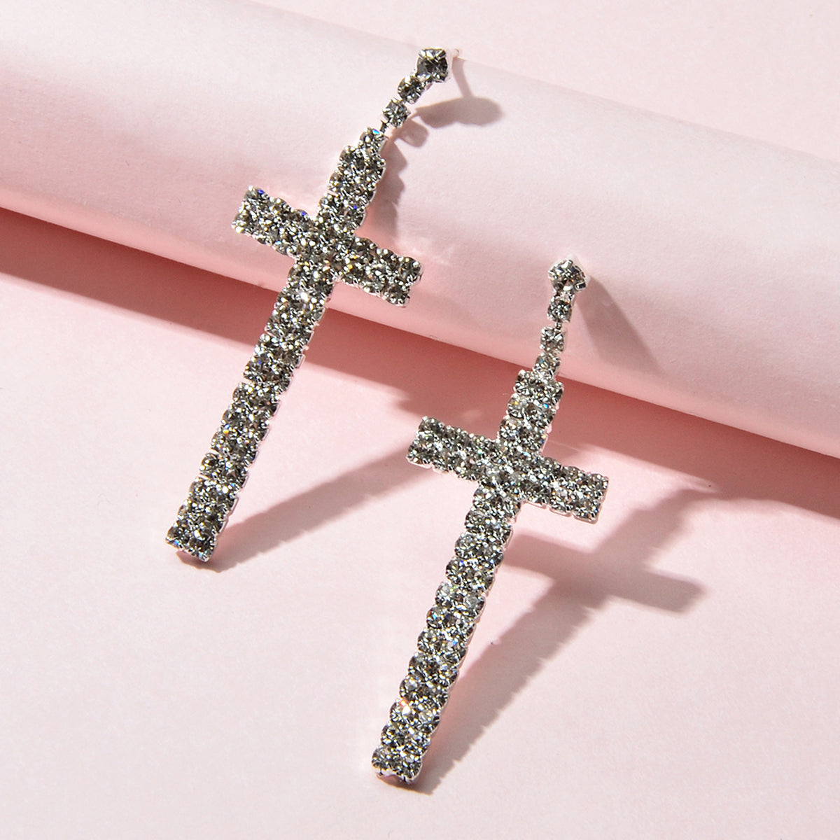 Female Jewellery Punk Shining Full Rhinestone Silver Cross Statement Earrings