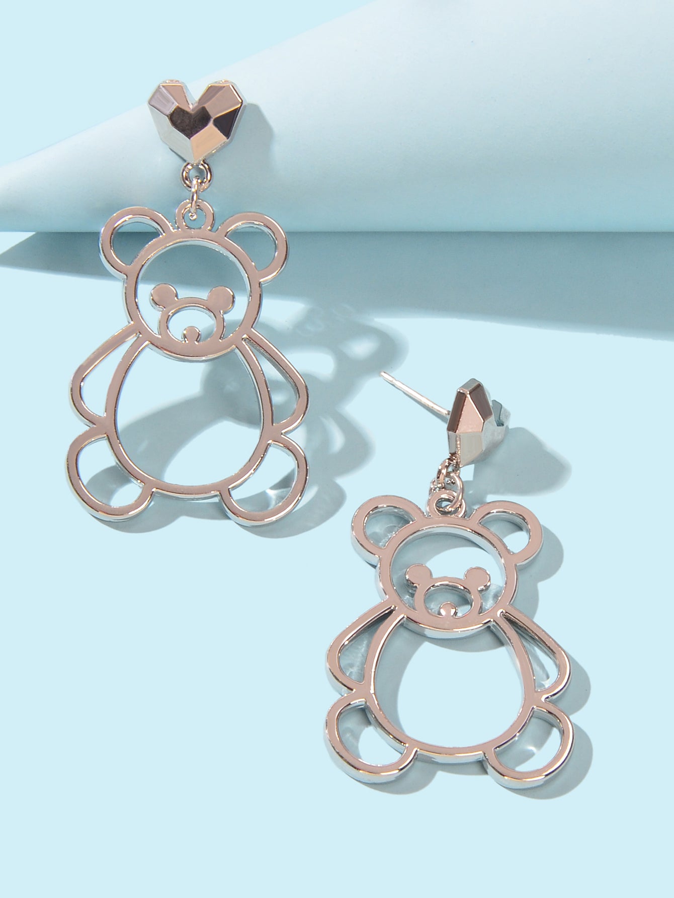 Lovely Silver Hollow Bear Dangle Design Pierced Dainty Heart Stud Earrings Gift