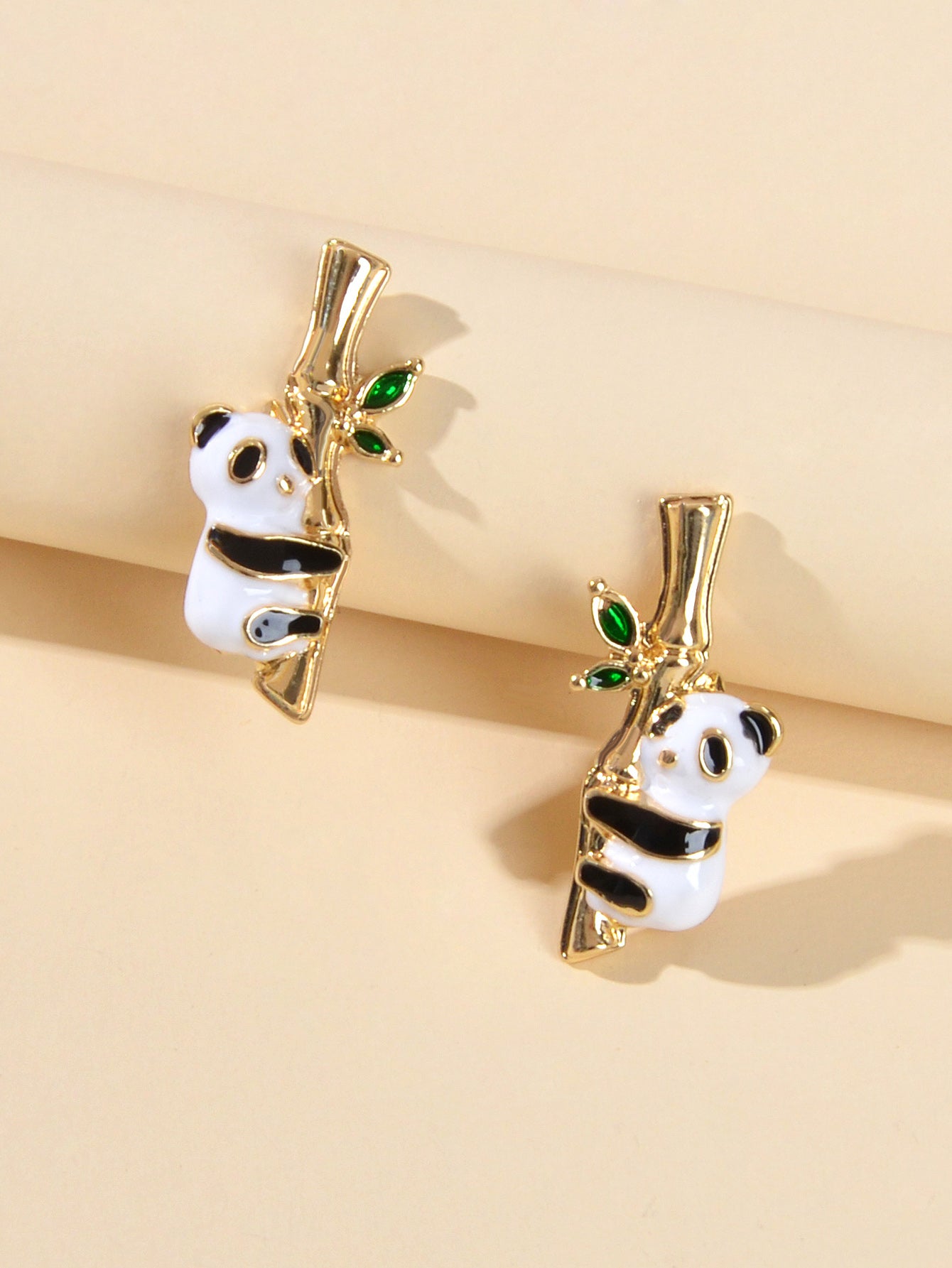 Lovely Gold Bamboo White Black Enamel Panda Stud Earrings Dainty Women Girl Gift