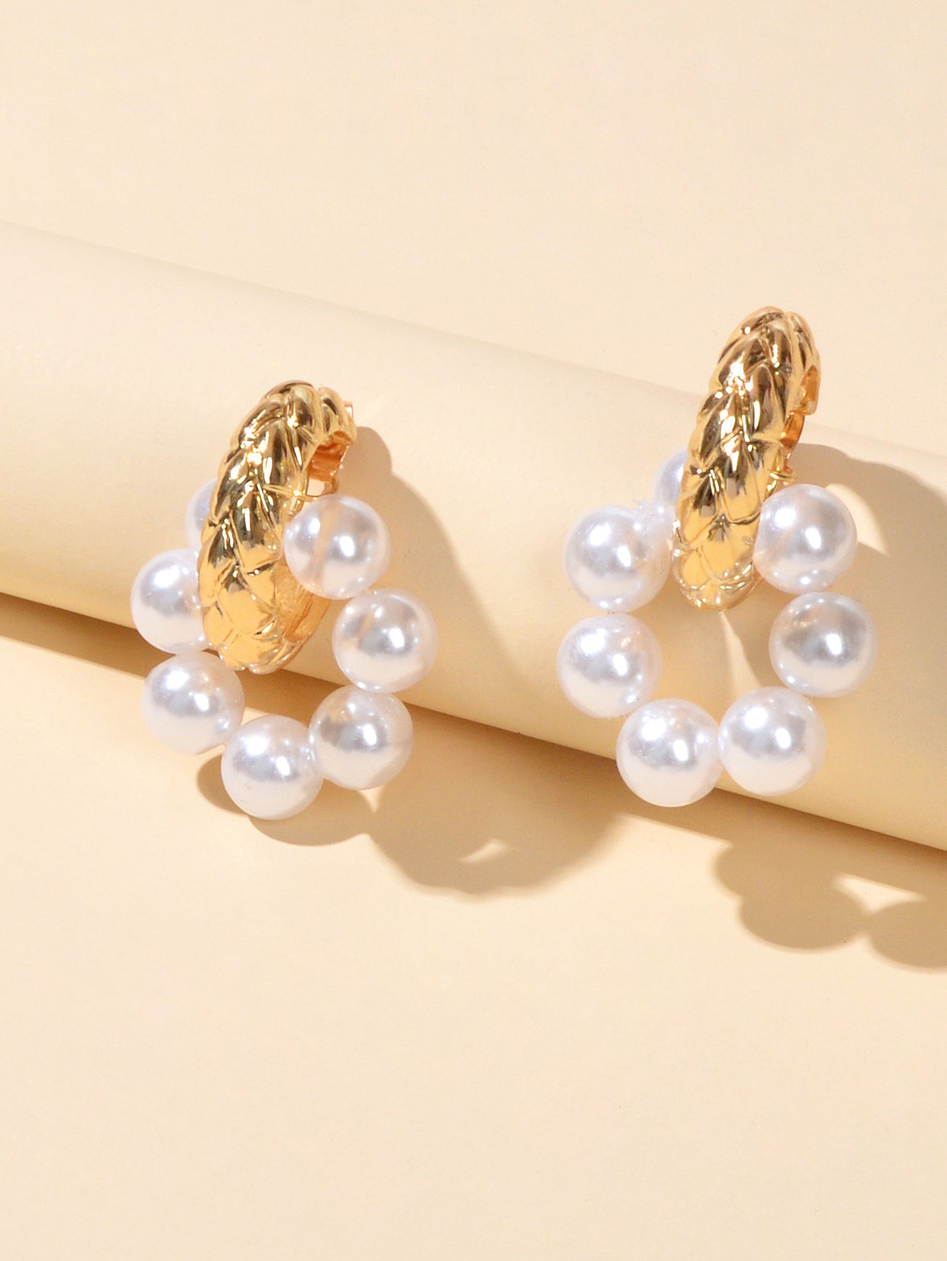Wedding Engagement Gift Jewellery Gold Metal Pearl Hoop Stud Textured Earrings