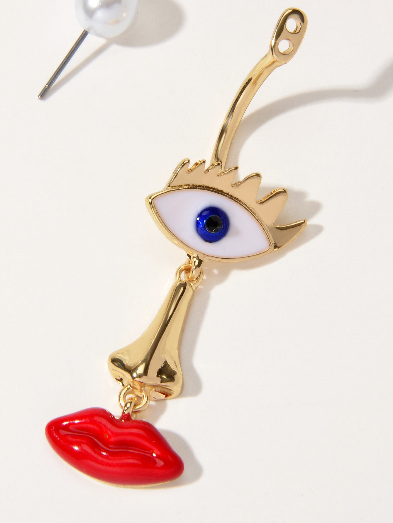 Grunge Rock Asymmetrical Eye Nose Red Lips Funny Weird Face Pearl Stud Earrings