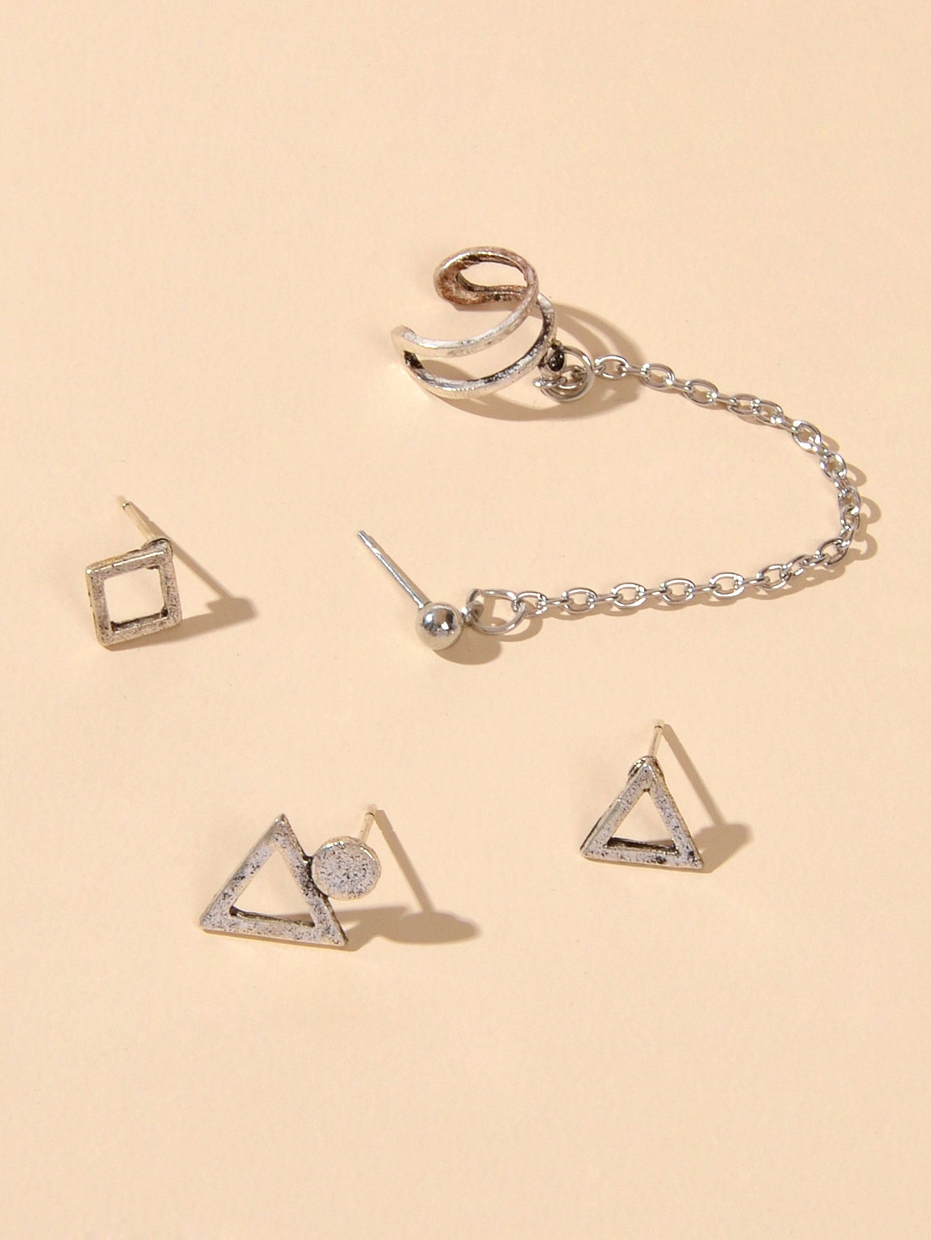 4pcs Cartilage Jewelry Antique Silver Chain Triangle Stud Earrings Boho Ear Cuff