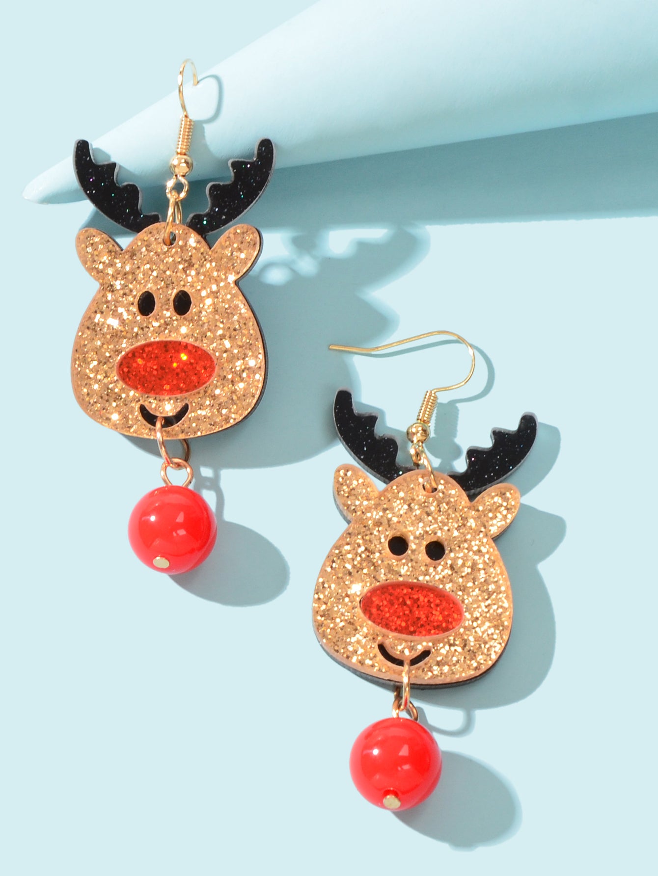 Shining Red Bead Gold Dangle Christmas Reindeer Earrings Elk Deer Fesvital Jewelry