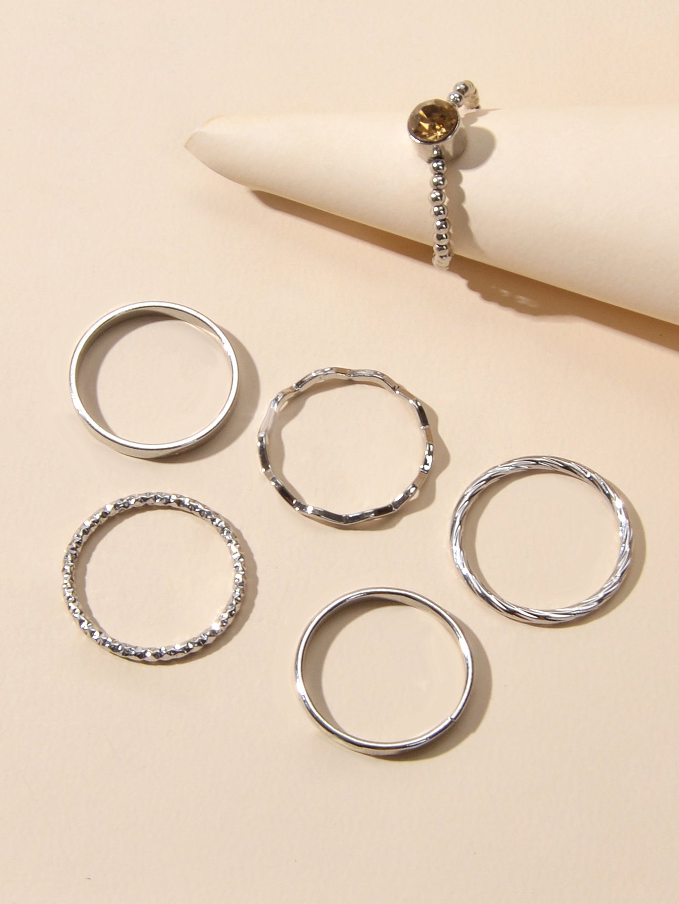 Stackable 6 pcs Rhinestone Decor Silver Finger Ring set Multiple Rings Bulk Pack