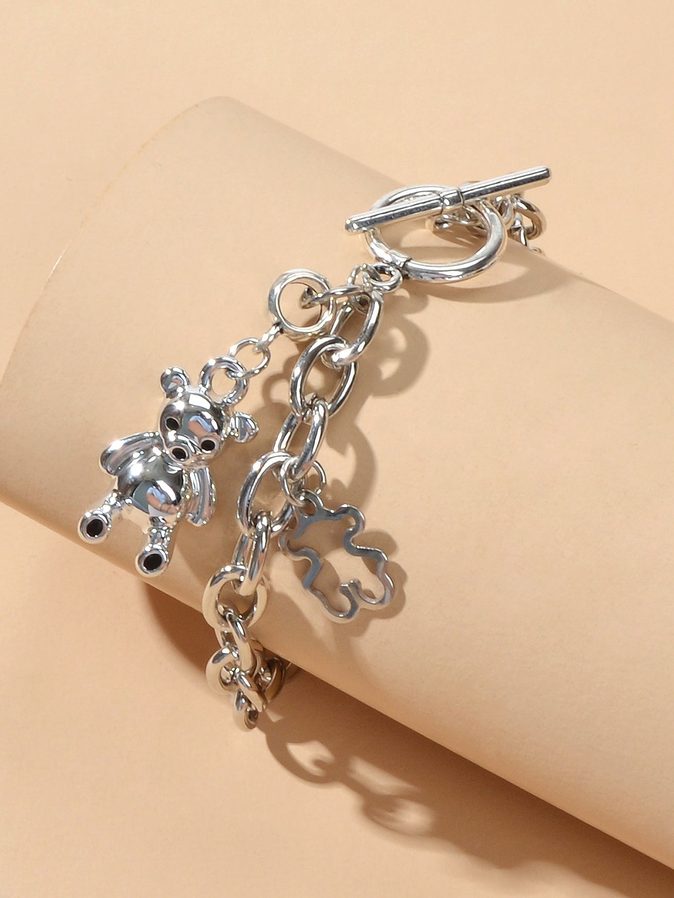 Designer Silver Bear Charm Dainty Cuban Chunky Link Paperclip Chain Bracelets
