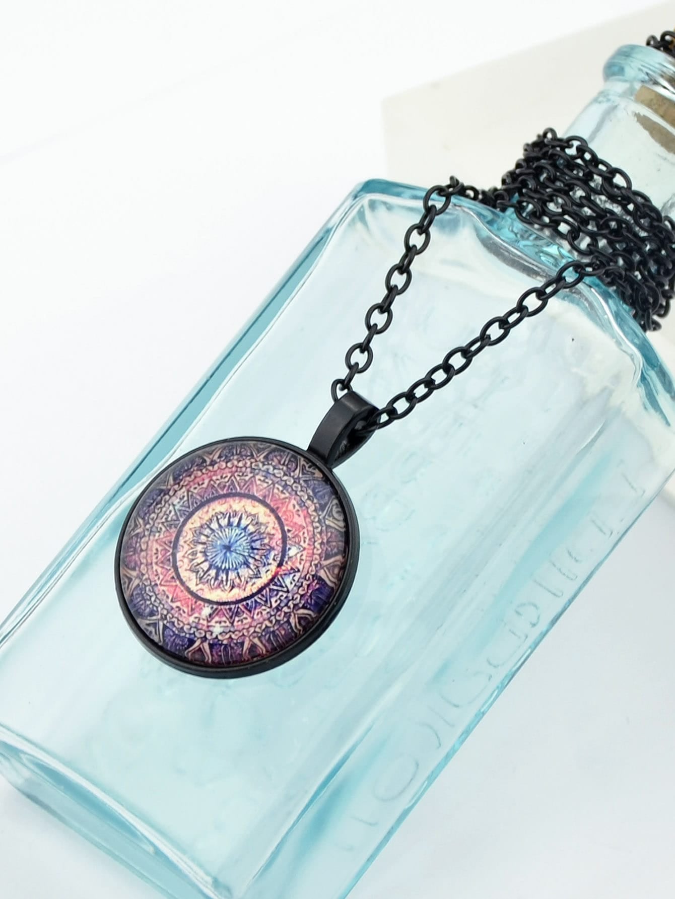 Gothic Black Chain Geometric Pattern Acrylic Round Ball Pendant Ethnic Necklace
