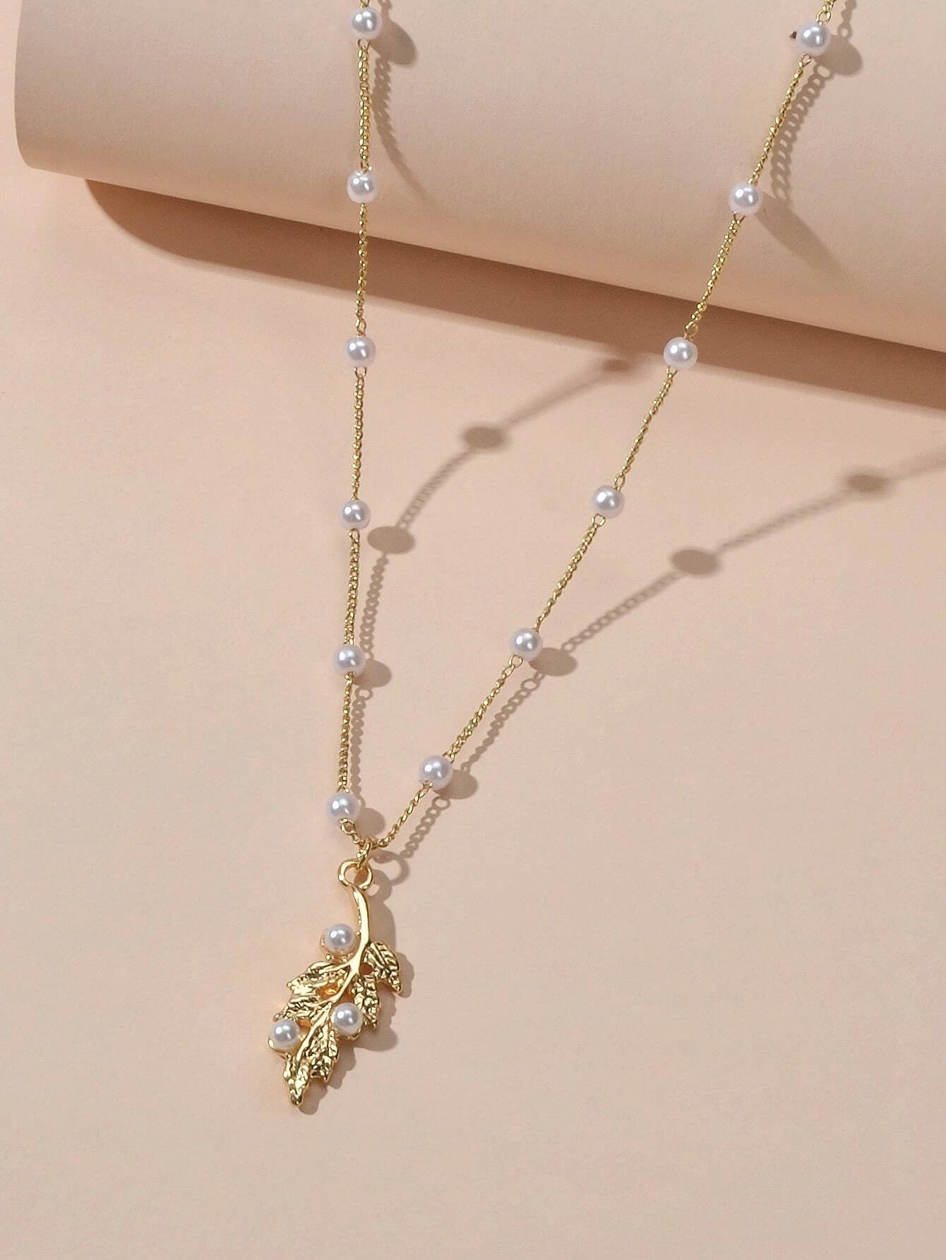 Feelontop Fashion Jewellery Pearl Gold Leaf Pendant Necklace Women Accessories
