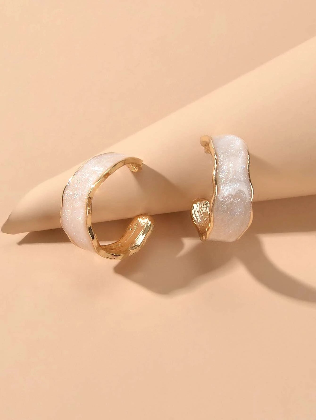 Pink Enamel Circle Shining Hoop Earrings C Shape Stud Teens Textured Jewellery