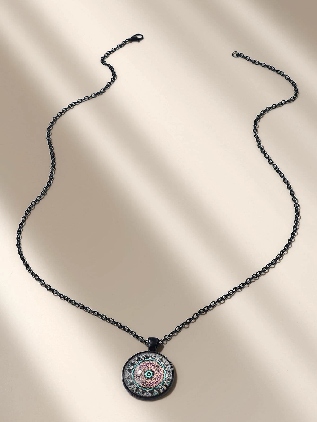 Retro Jewellery Ethnic Black Chain Geometric Mandala Round Pendant Boho Necklace