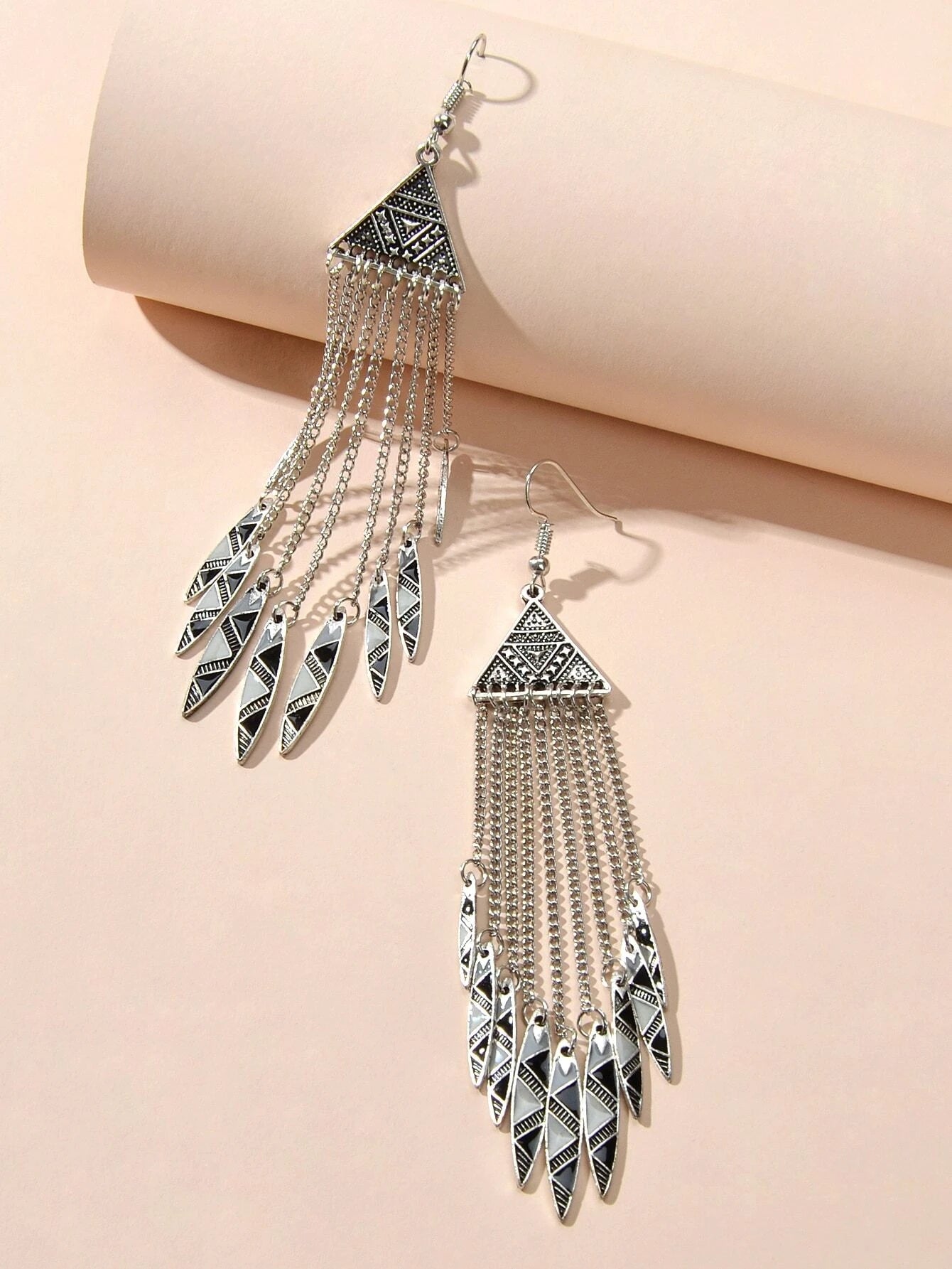 Tribal Ethnic Antique Silver Chain Tassel Geometric Charm Bohemian Earrings Gift