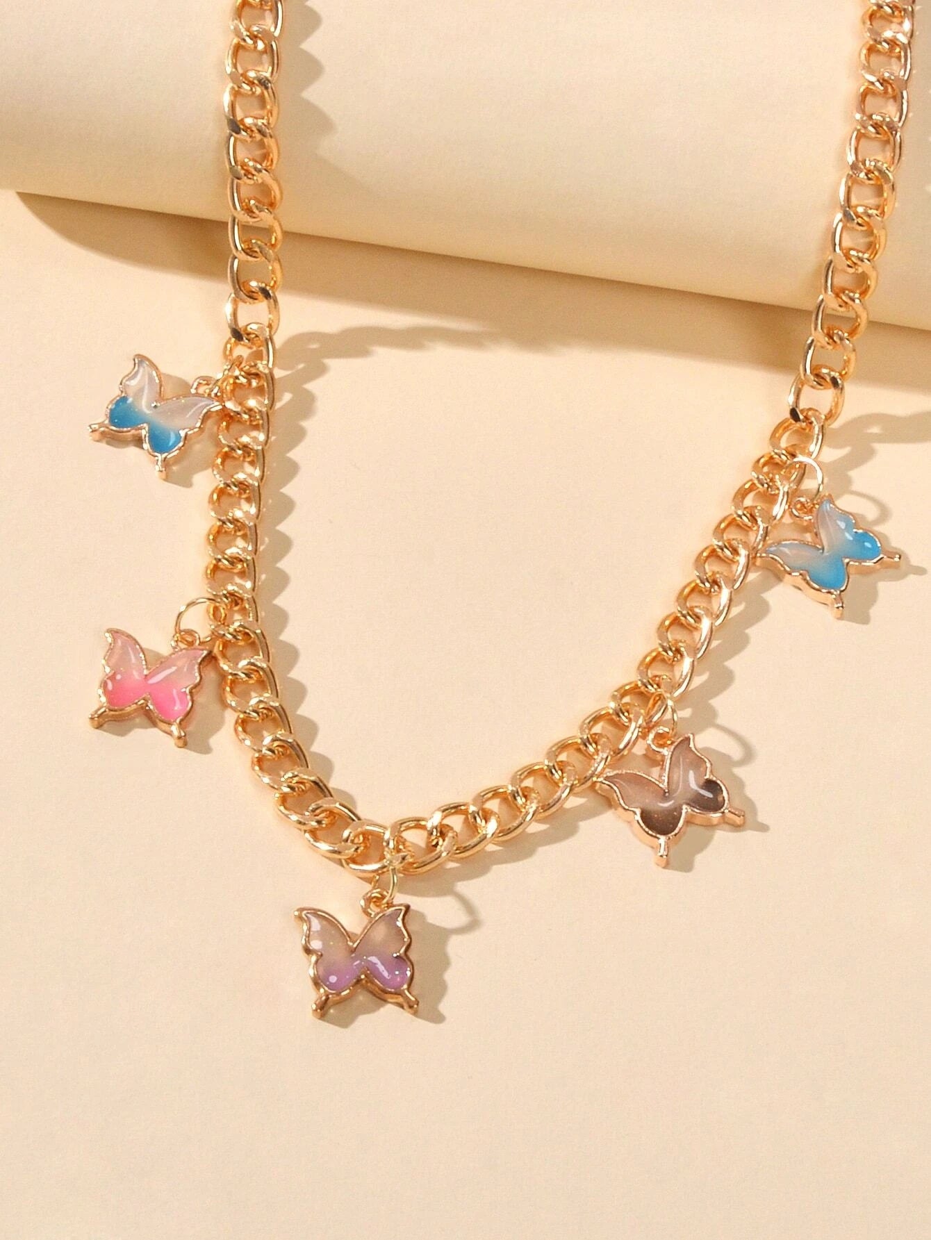Hip Hop Colorful Enamel Bling Butterfly Charm Necklace Clavicle Chain Choker