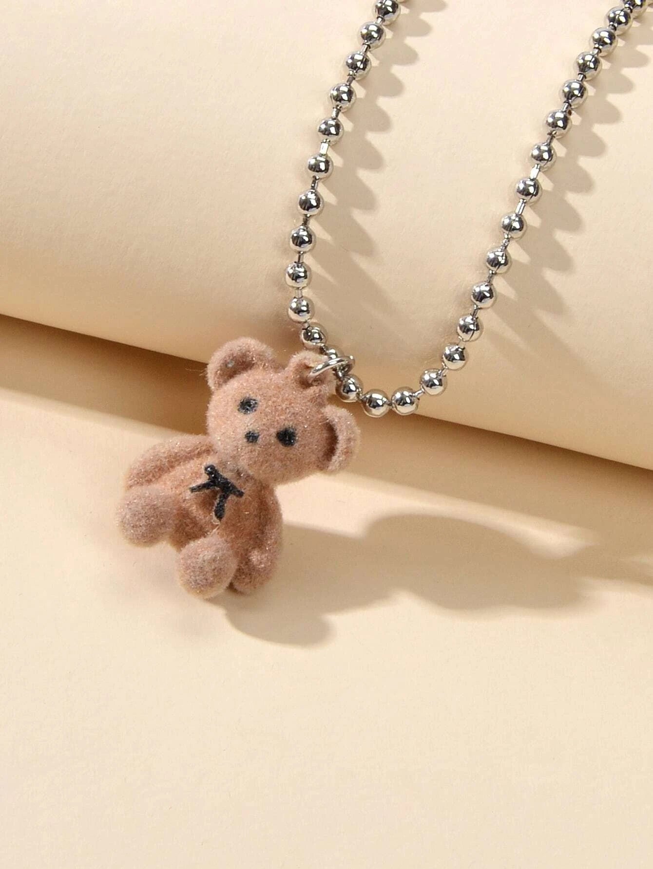 Silver Ball Chain Lovely 3D Brown Bear Charm Necklace Trendy Jewellery Accessory
